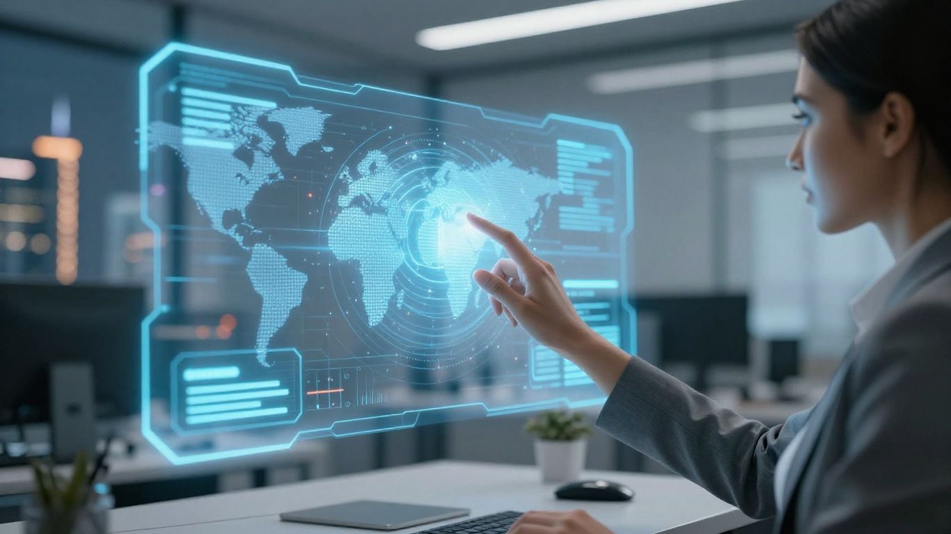 AI receptionist interface with businesswoman in modern office.