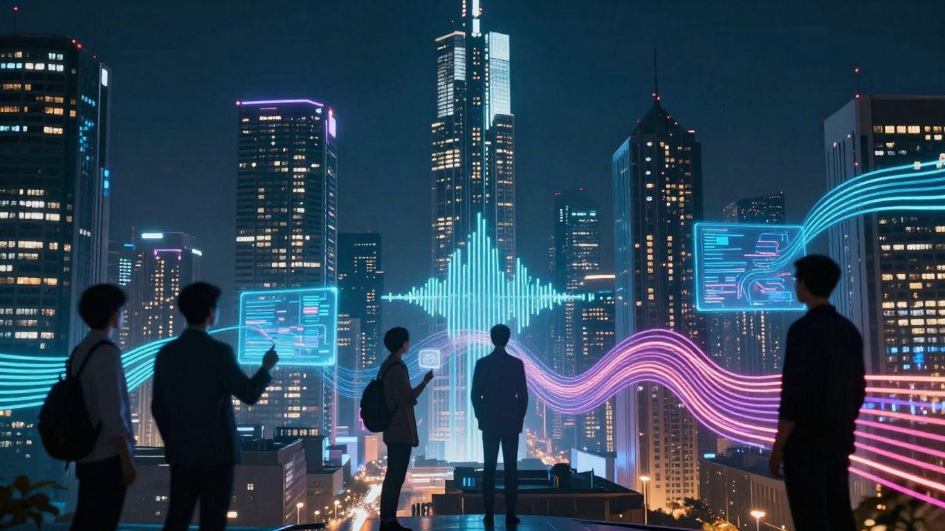 Futuristic cityscape with voice AI visualizations.