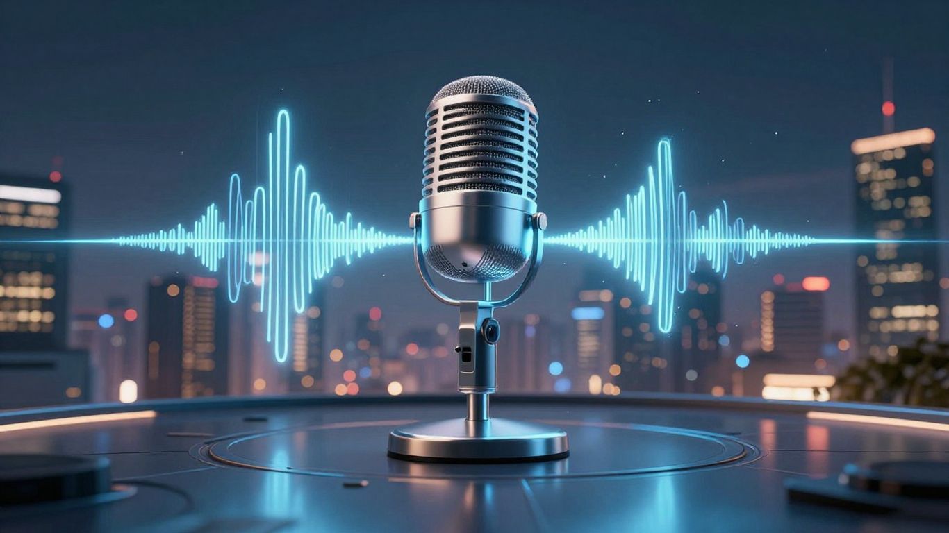 Futuristic cityscape with glowing soundwaves and microphone.