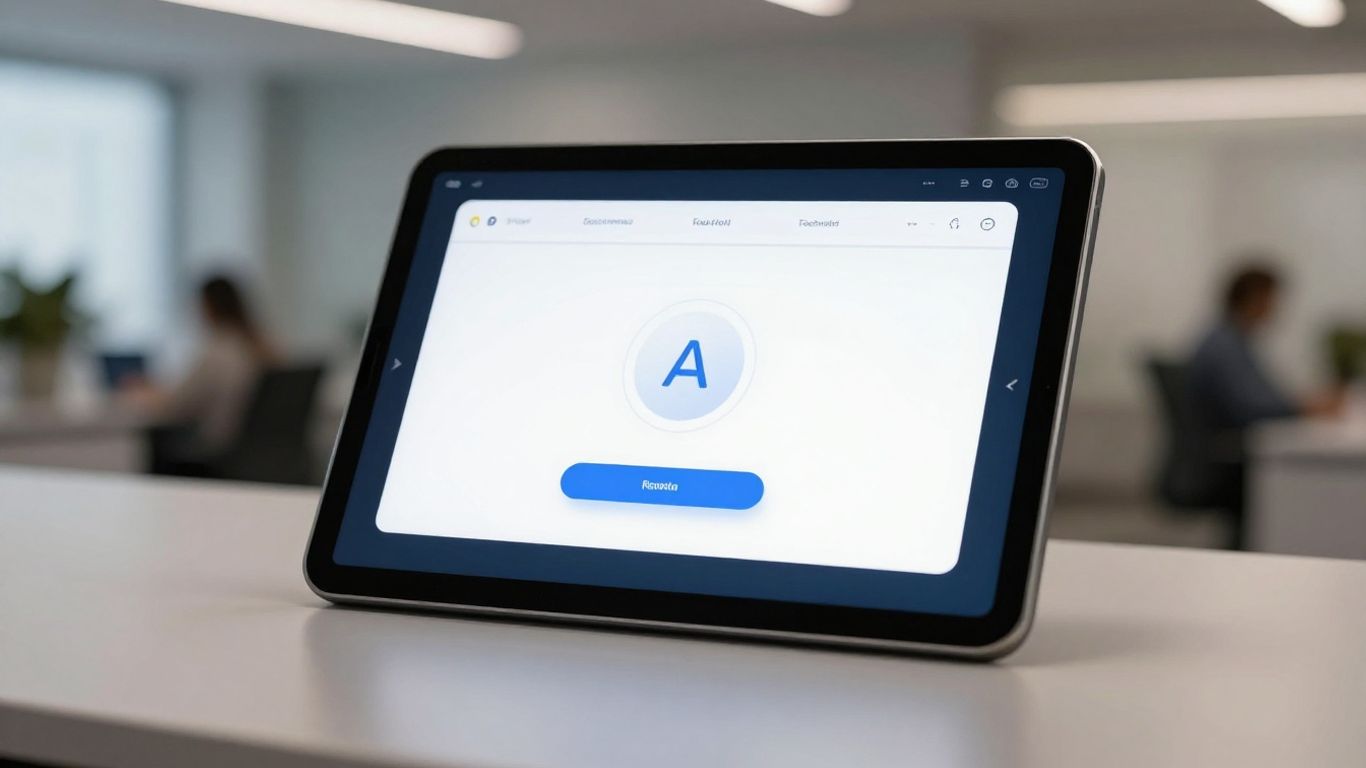 AI receptionist interface on a tablet screen.