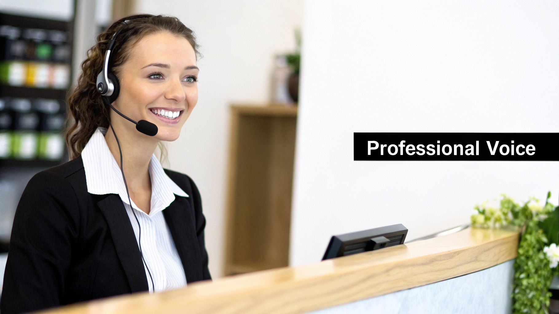 A smiling woman with a headset works as a receptionist, offering professional voice service at a desk.