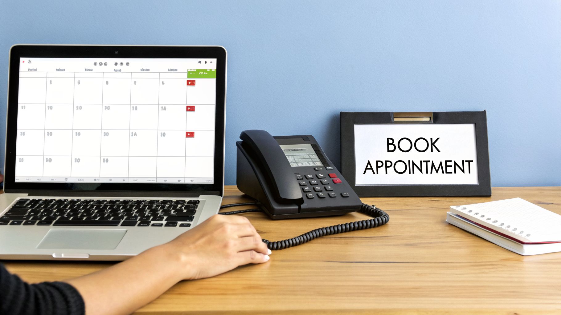 A person's hand on a laptop displaying a calendar, with a phone and a 'BOOK APPOINTMENT' sign.