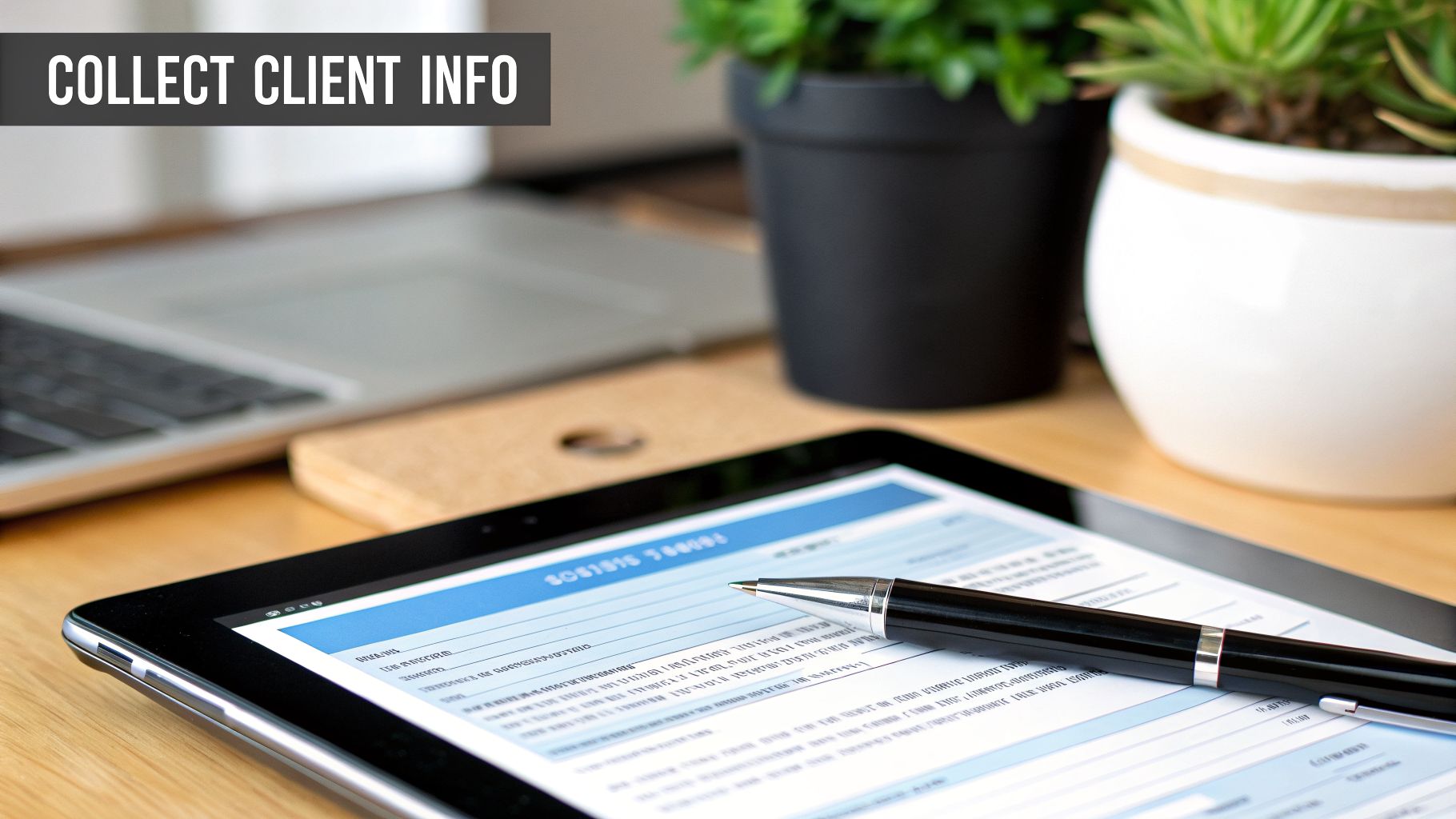A close-up of a tablet displaying a client info form with a pen, a laptop, and plants on a desk.