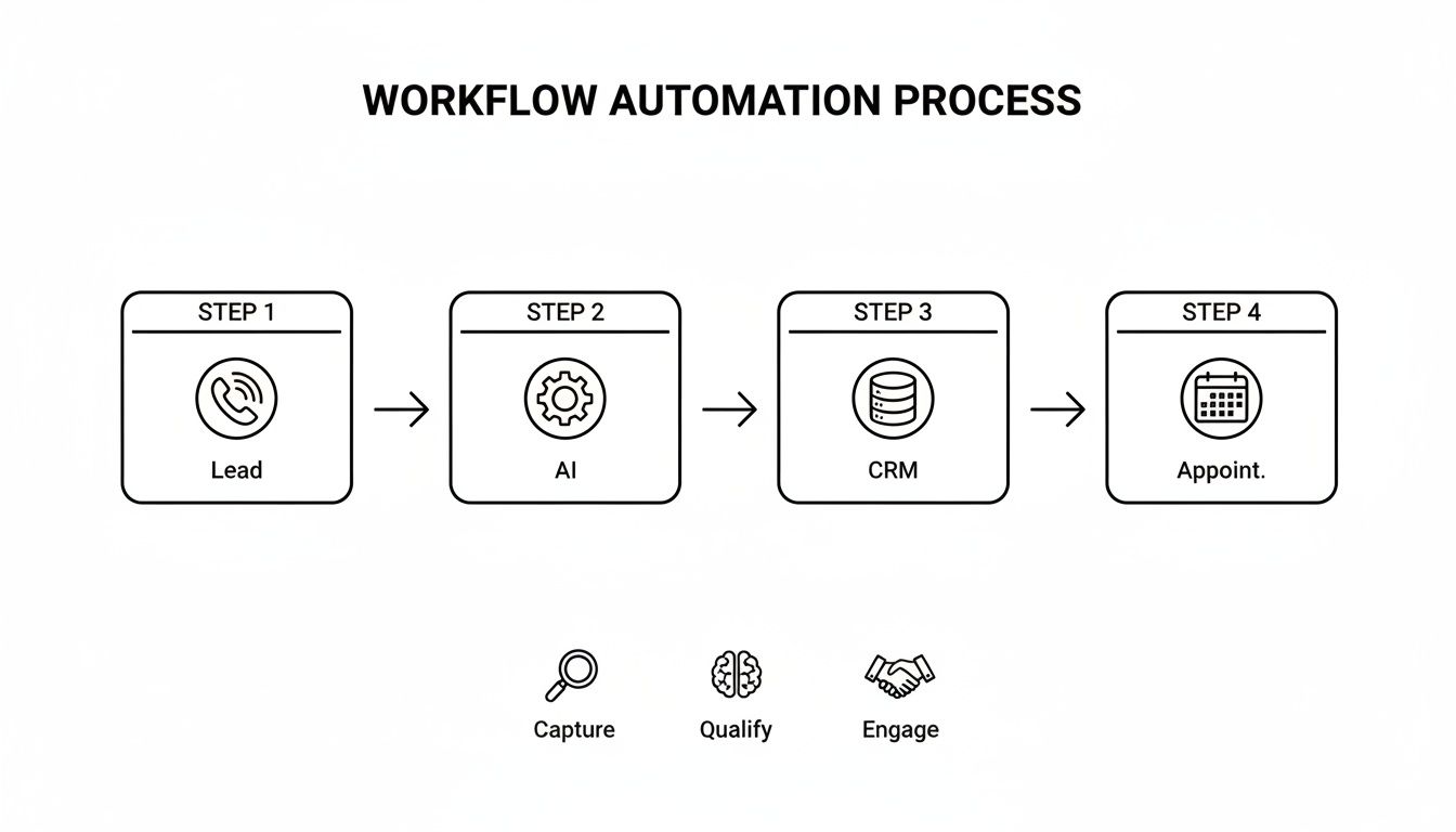 Workflow automation process diagram illustrating lead capture, AI processing, CRM, and appointment scheduling.