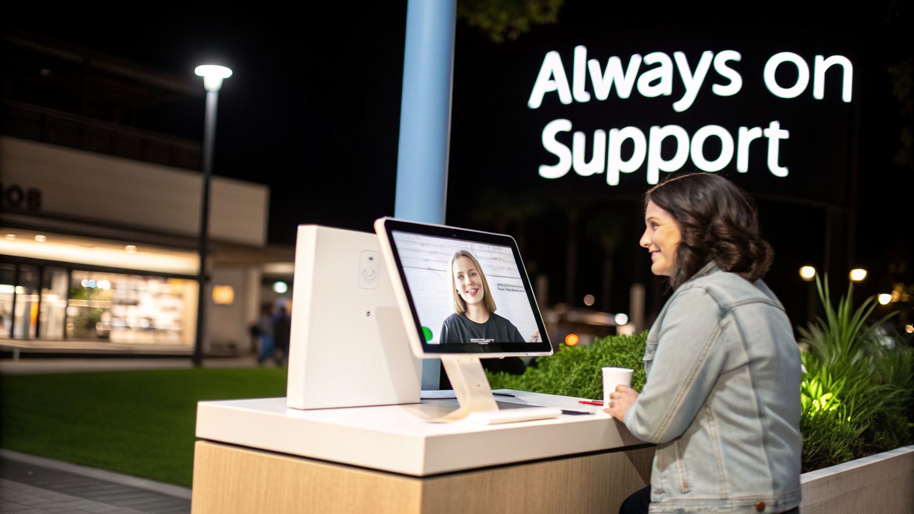 A woman uses an outdoor virtual support kiosk with 'Always on Support' sign at night.