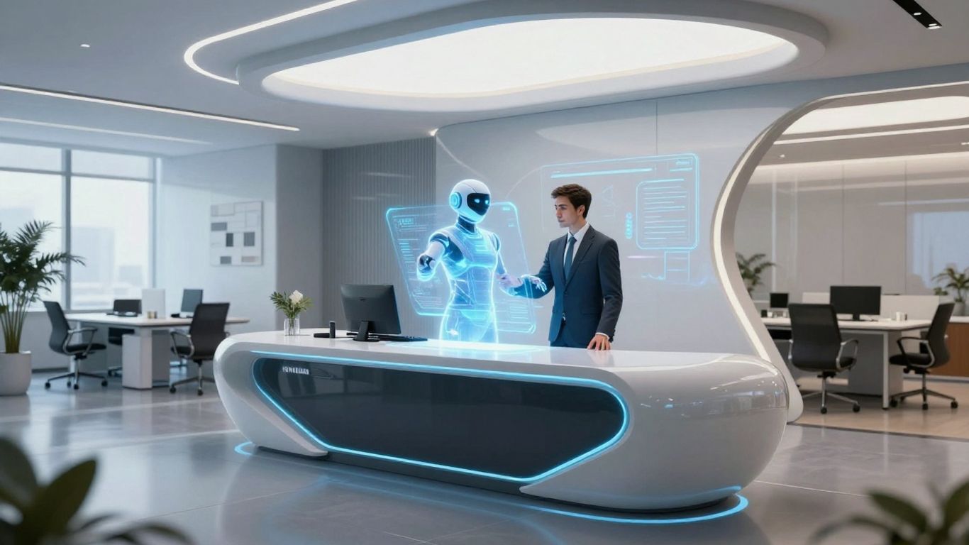 AI receptionist assisting a business professional at a desk.