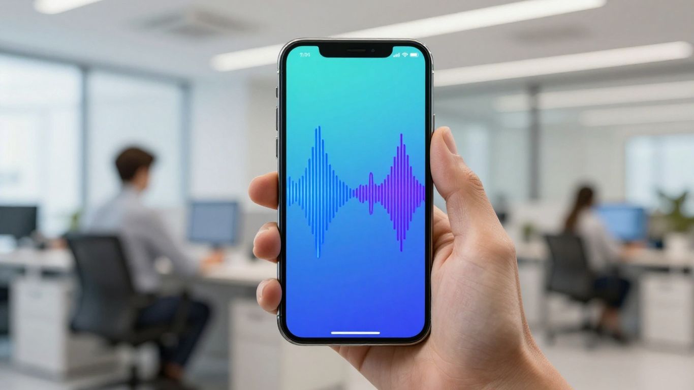 Smartphone with AI interface and soundwaves.