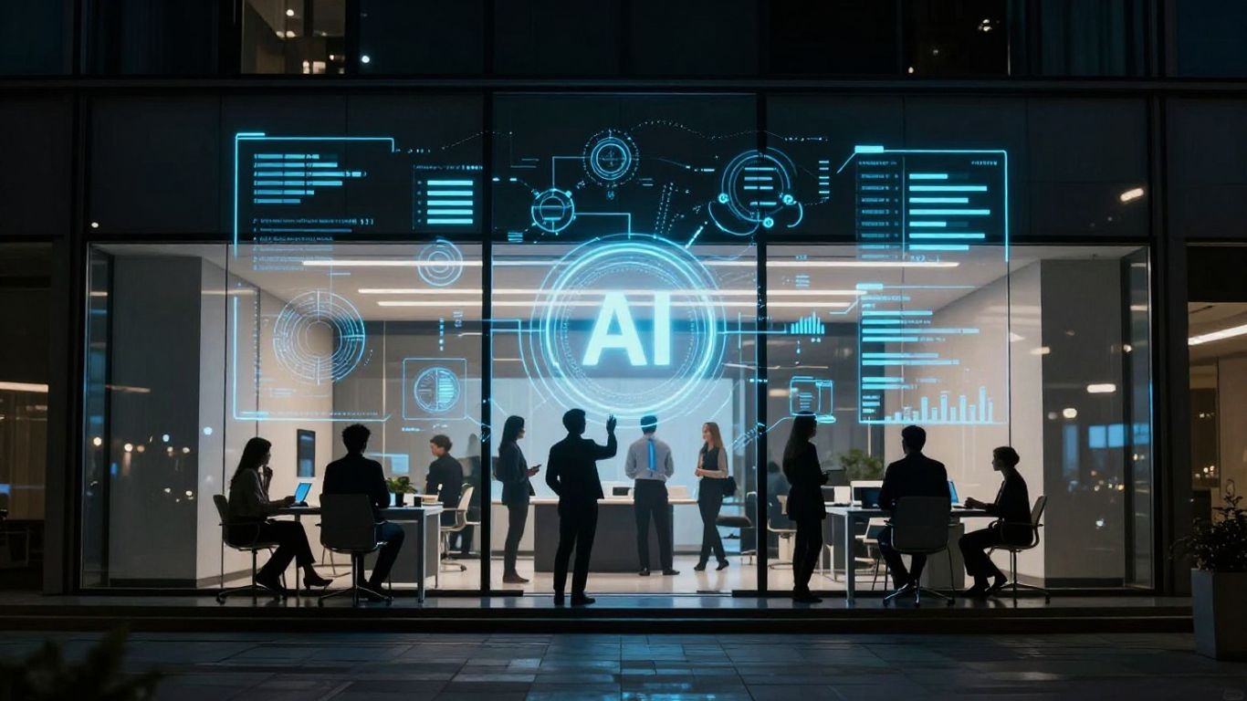 AI interface glowing on office building at night