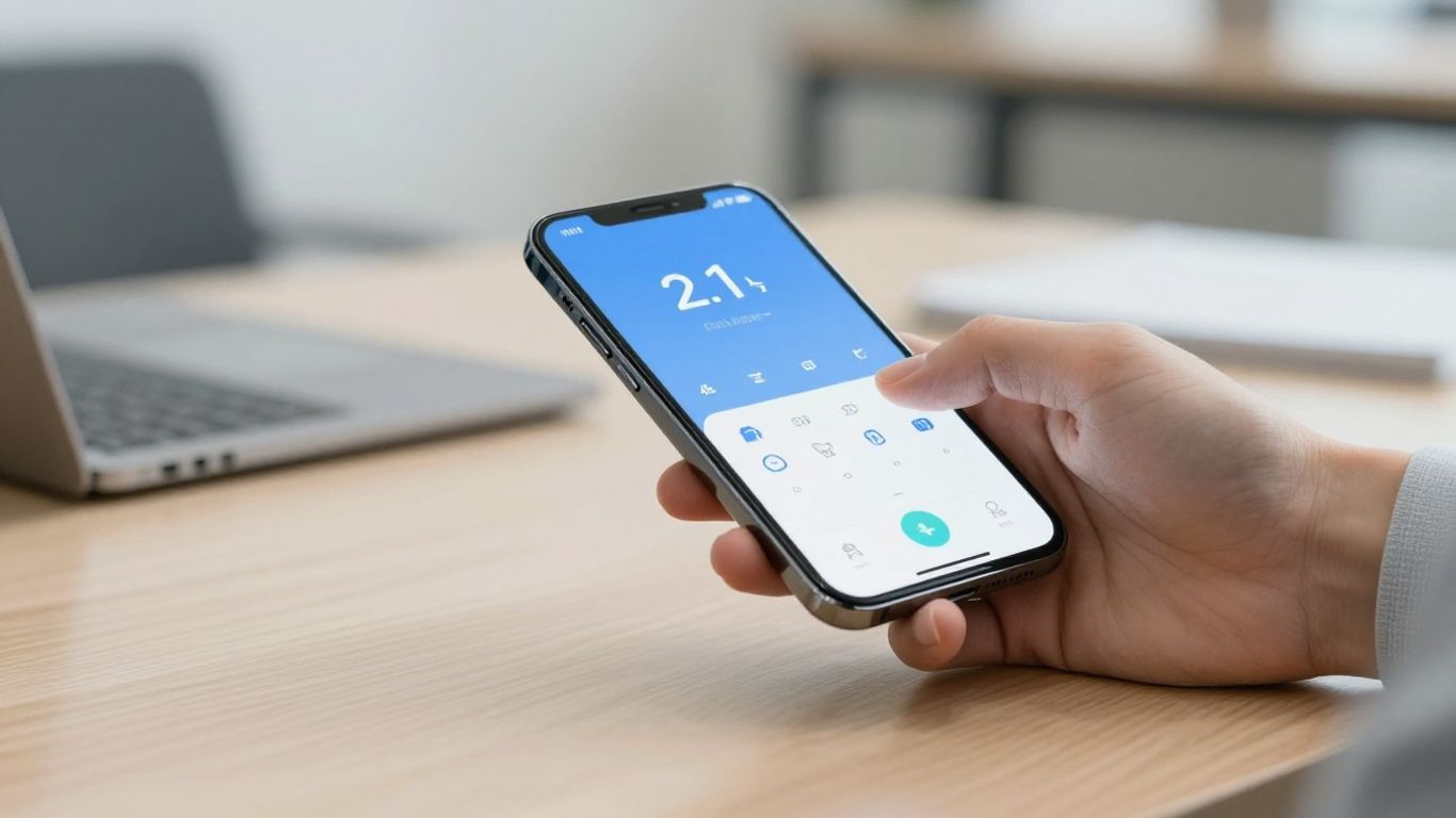 Futuristic AI call answering software interface on a desk.