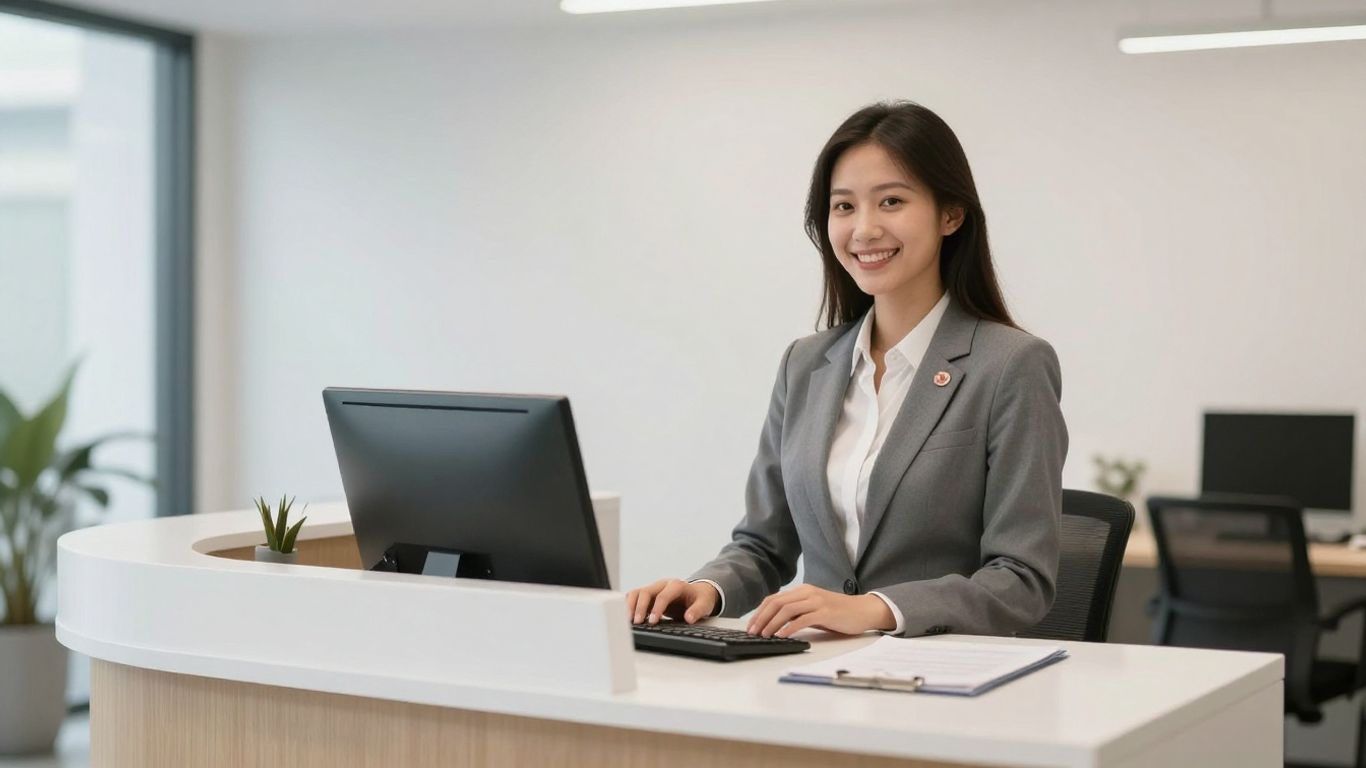 Professional receptionist in a modern office setting.