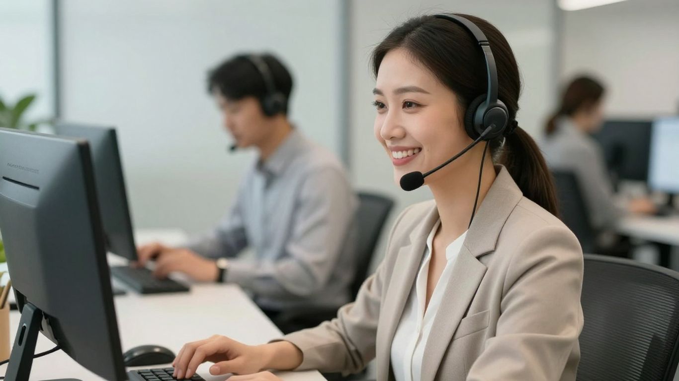 Virtual receptionist assisting a business professional with a headset.