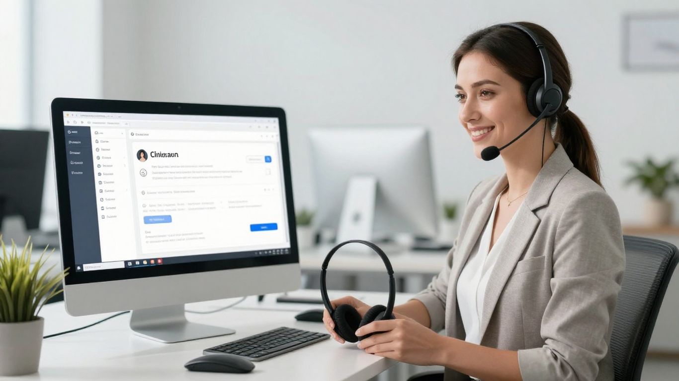 Professional woman using virtual receptionist software on a computer.