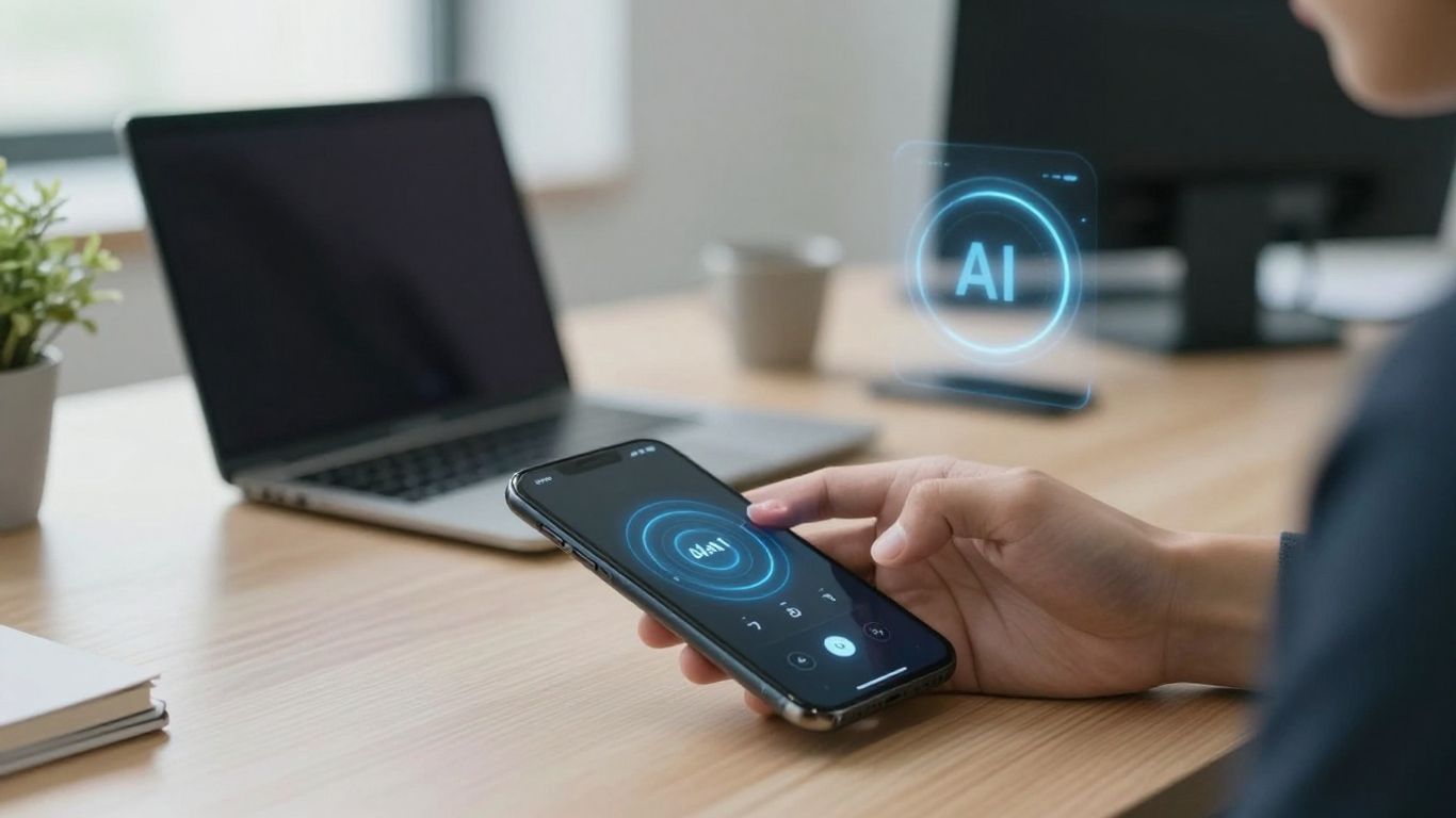 Business phone ringing, AI assistance for missed calls.