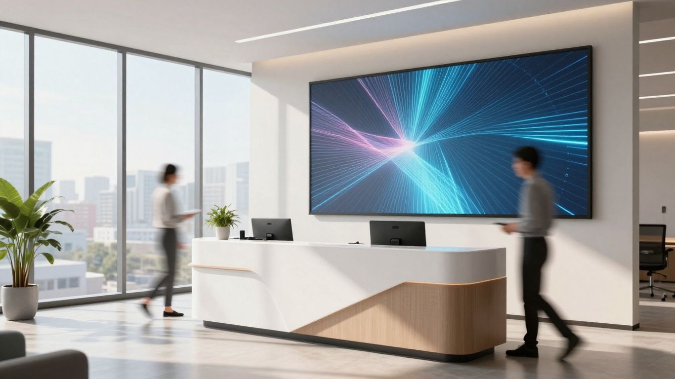 Modern reception desk with digital display and sunlight.