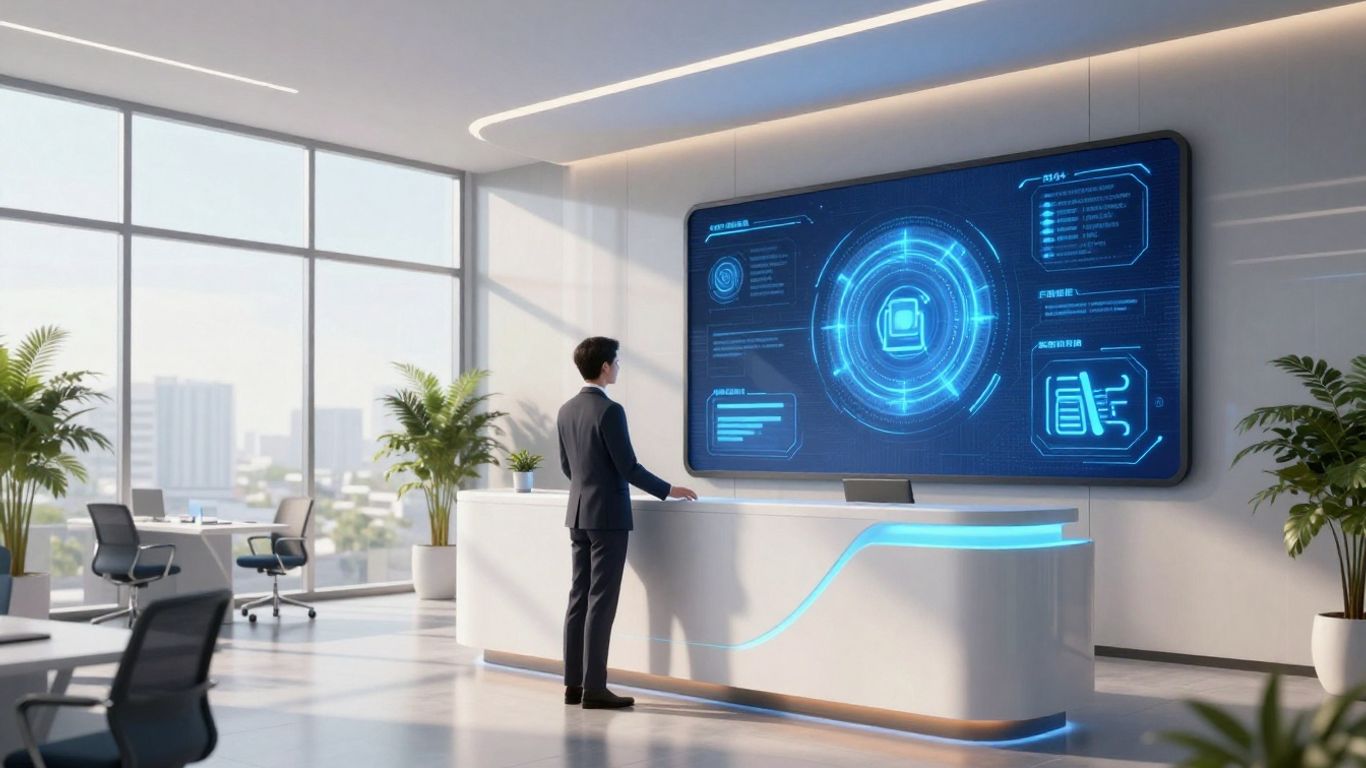 AI receptionist interface on a screen in an office.