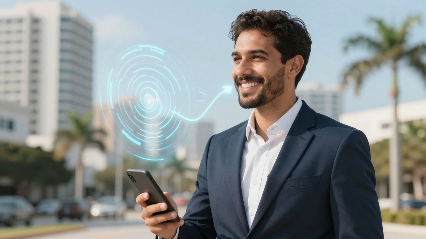 Business professional with AI earbud, Florida cityscape background.