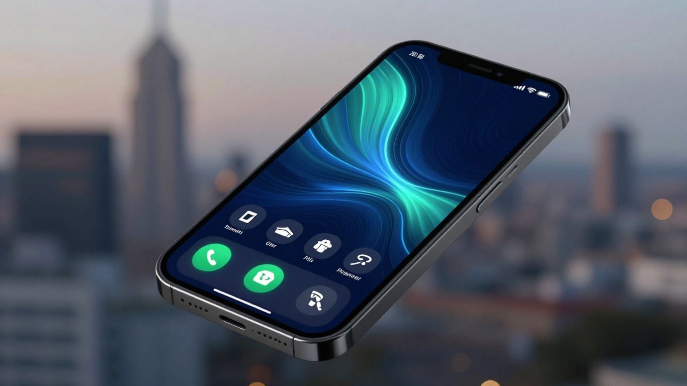 Smartphone screen with AI interface and blurred cityscape background.