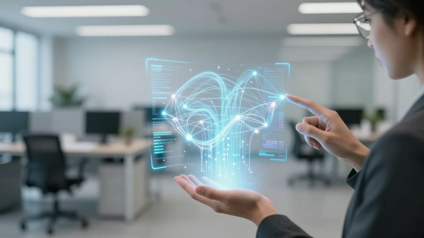 Person interacting with holographic AI interface.