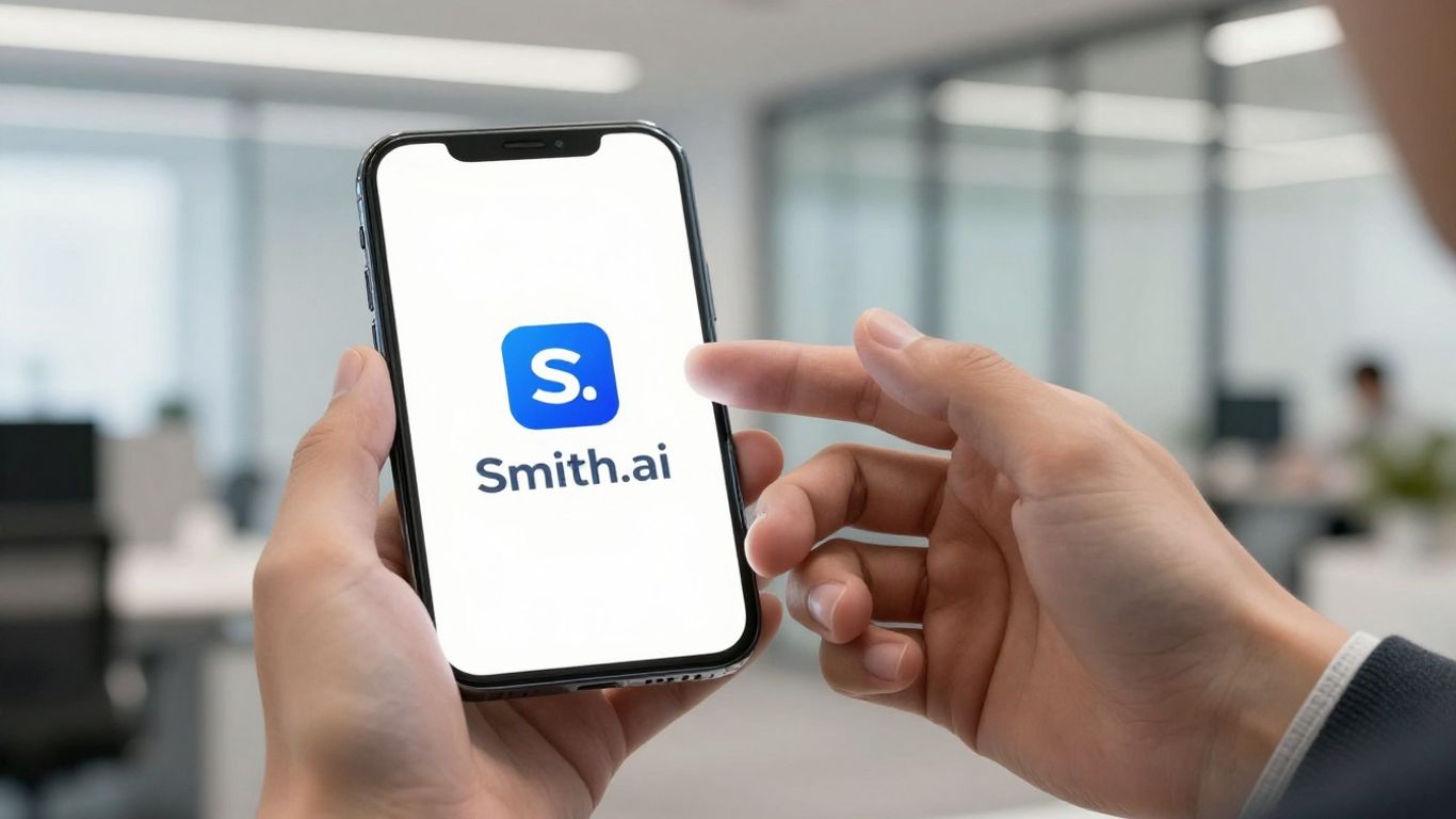 Smith.ai logo on a smartphone screen in an office.