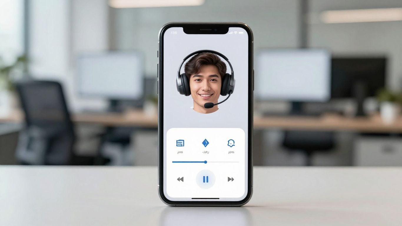 AI phone answering service avatar on a smartphone screen.