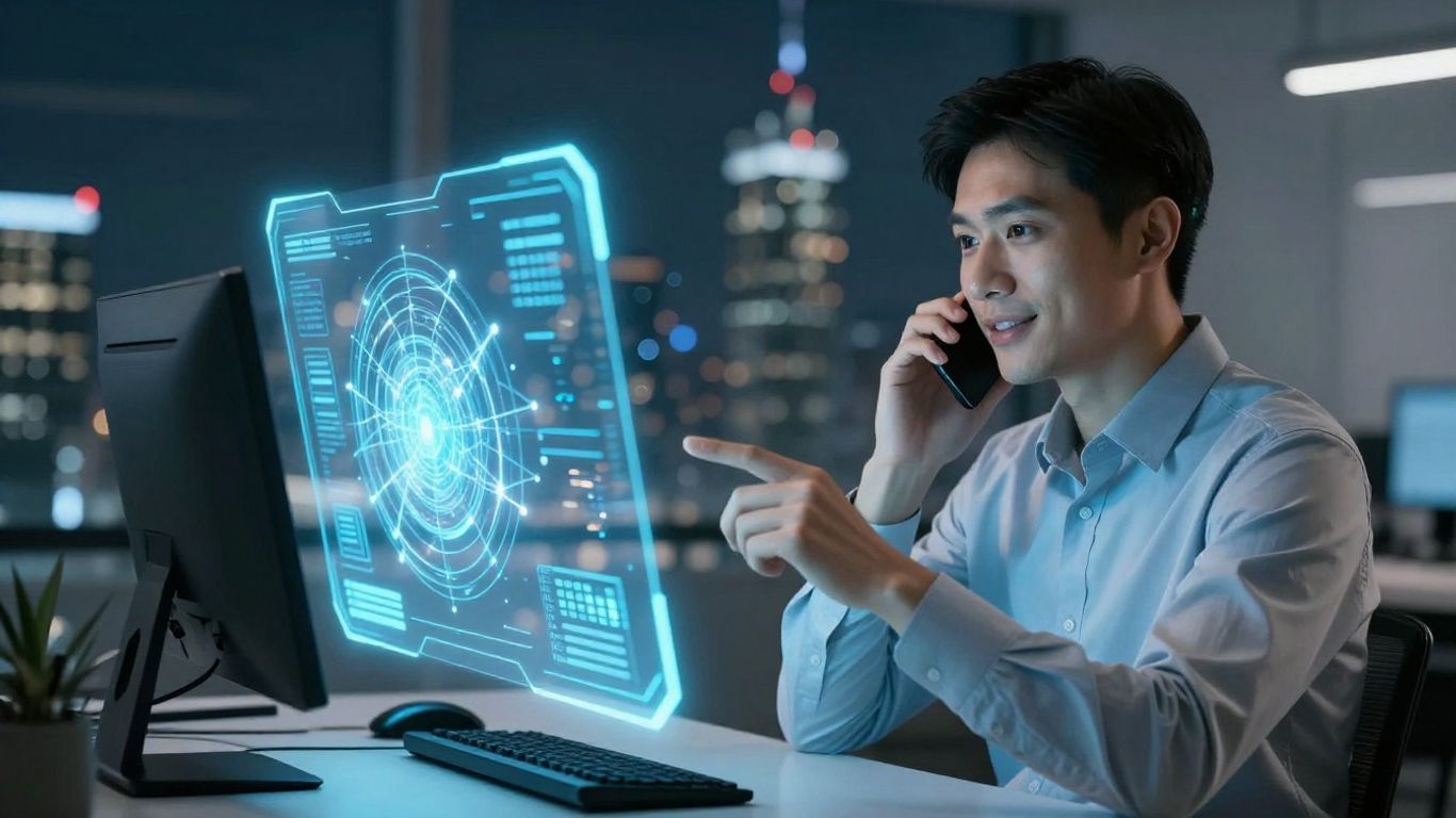AI assistant handling business calls in a futuristic office.