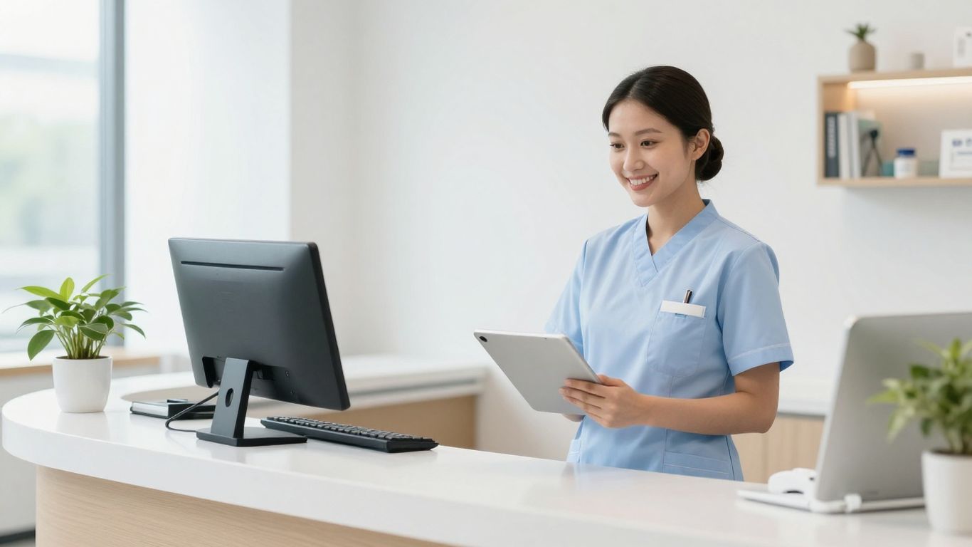 Nurse smiling with tablet in modern healthcare office.