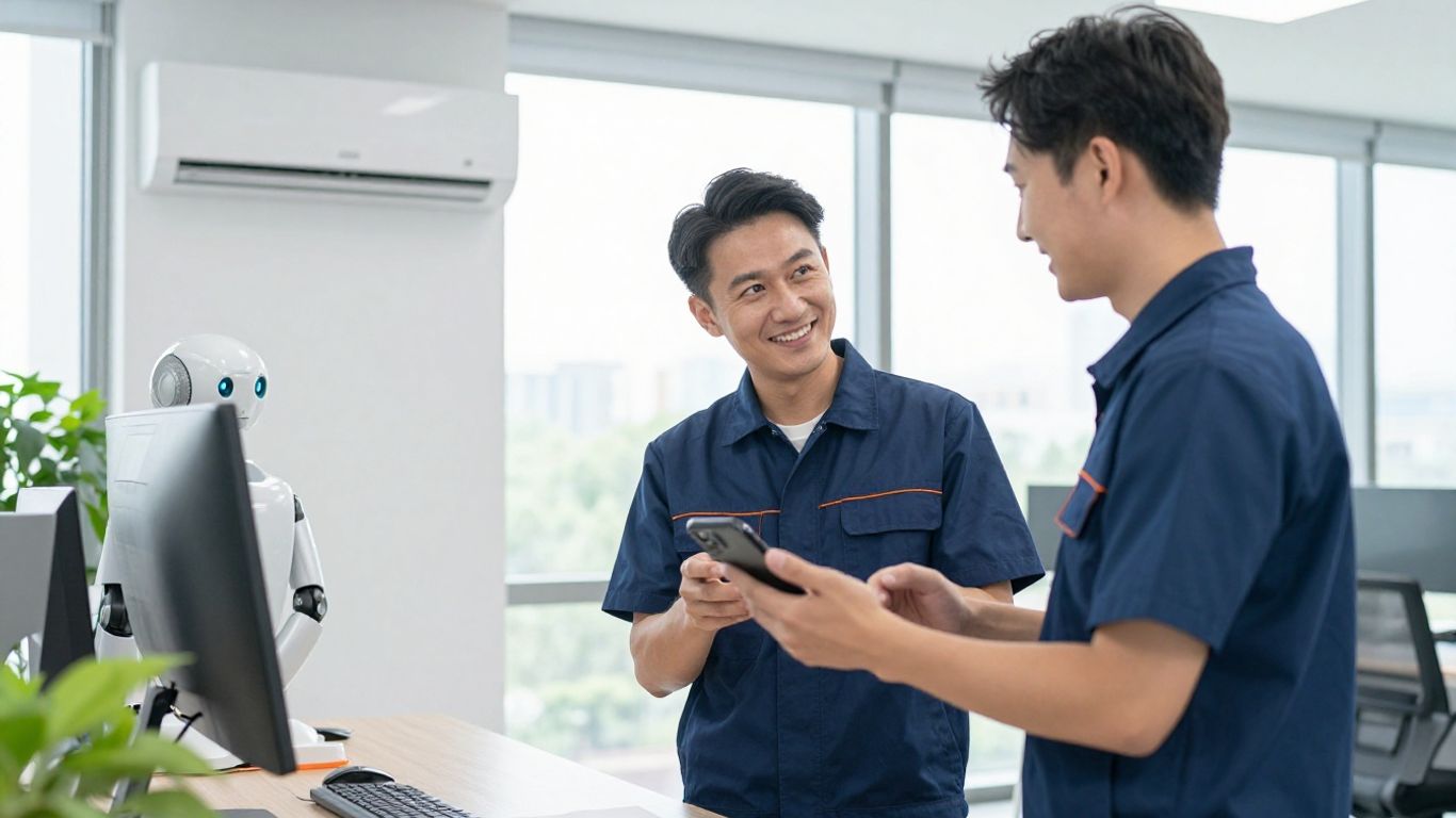 HVAC technician and AI robot assistant in modern office