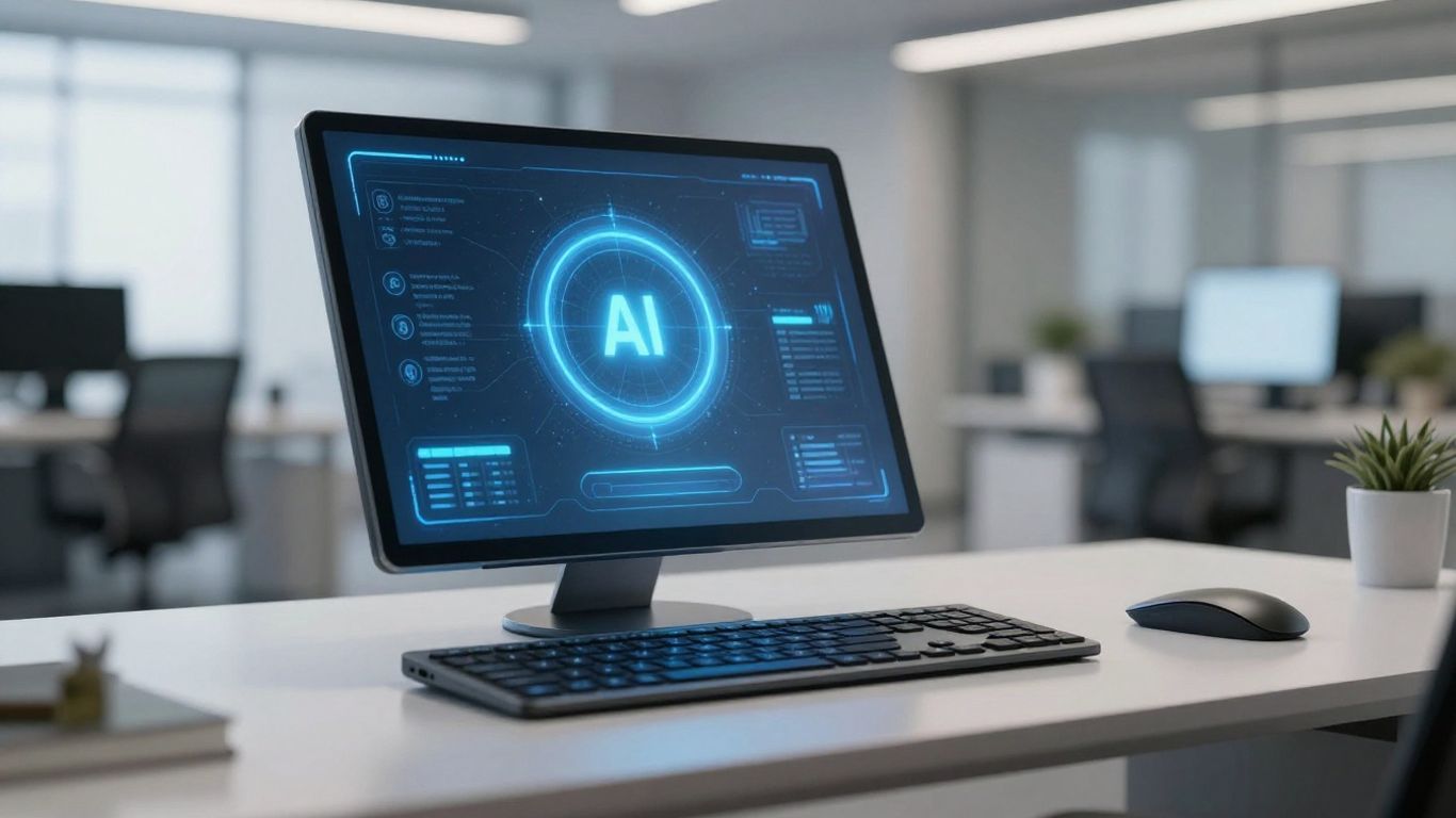 AI virtual receptionist interface on a desk.