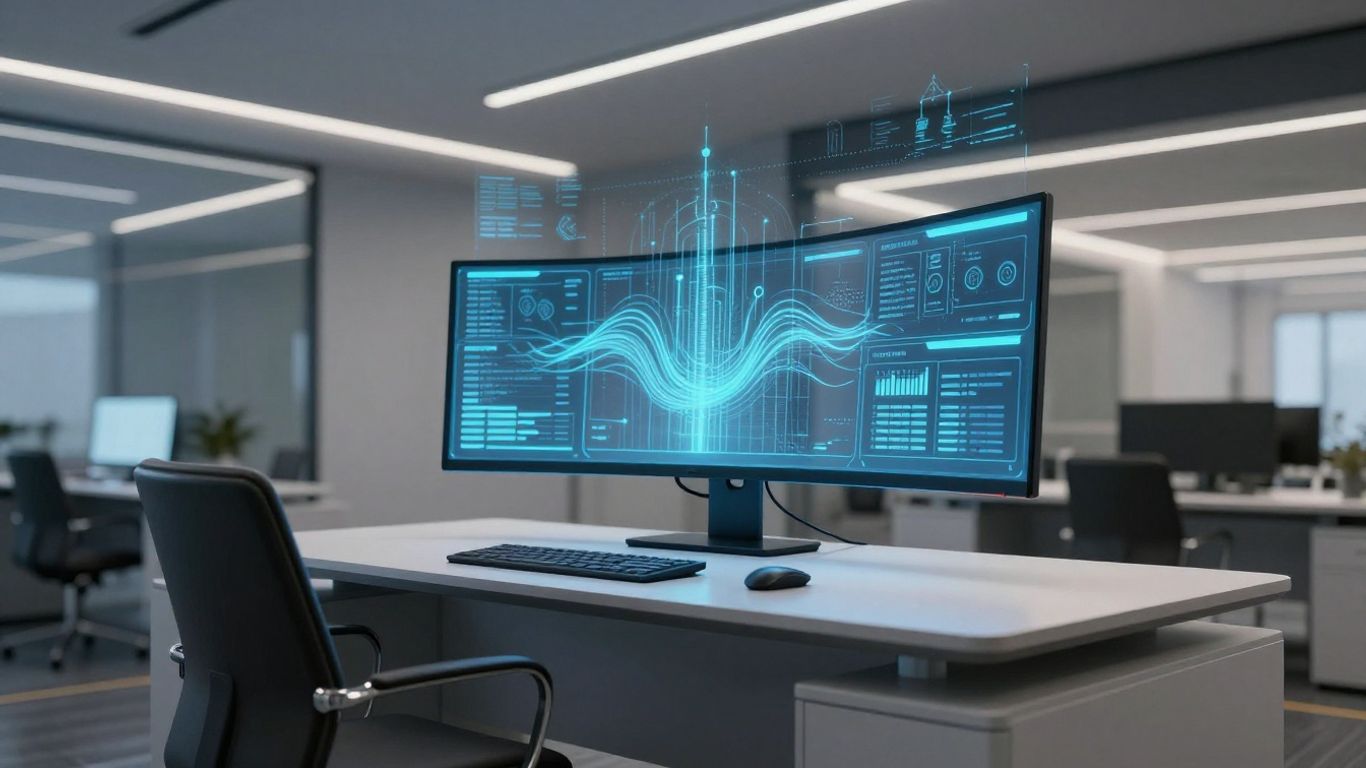 Attorney using AI call answering technology in office.