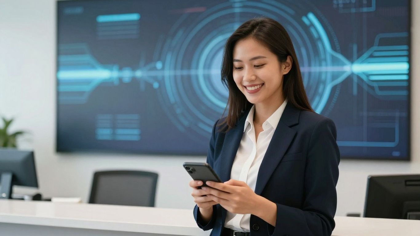 Norango.ai logo with a friendly receptionist on a smartphone.