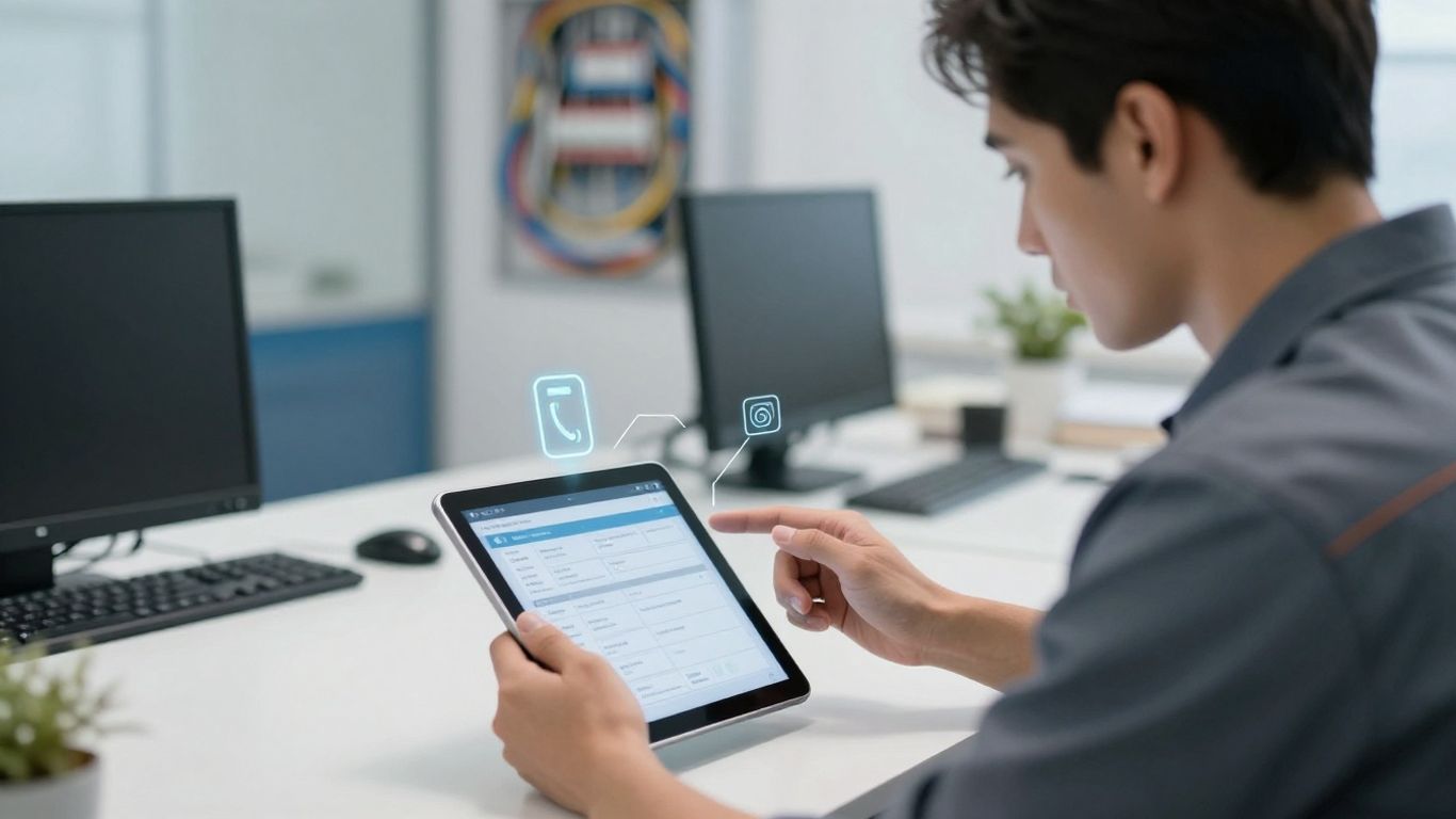 Electrician using AI phone answering service on tablet.