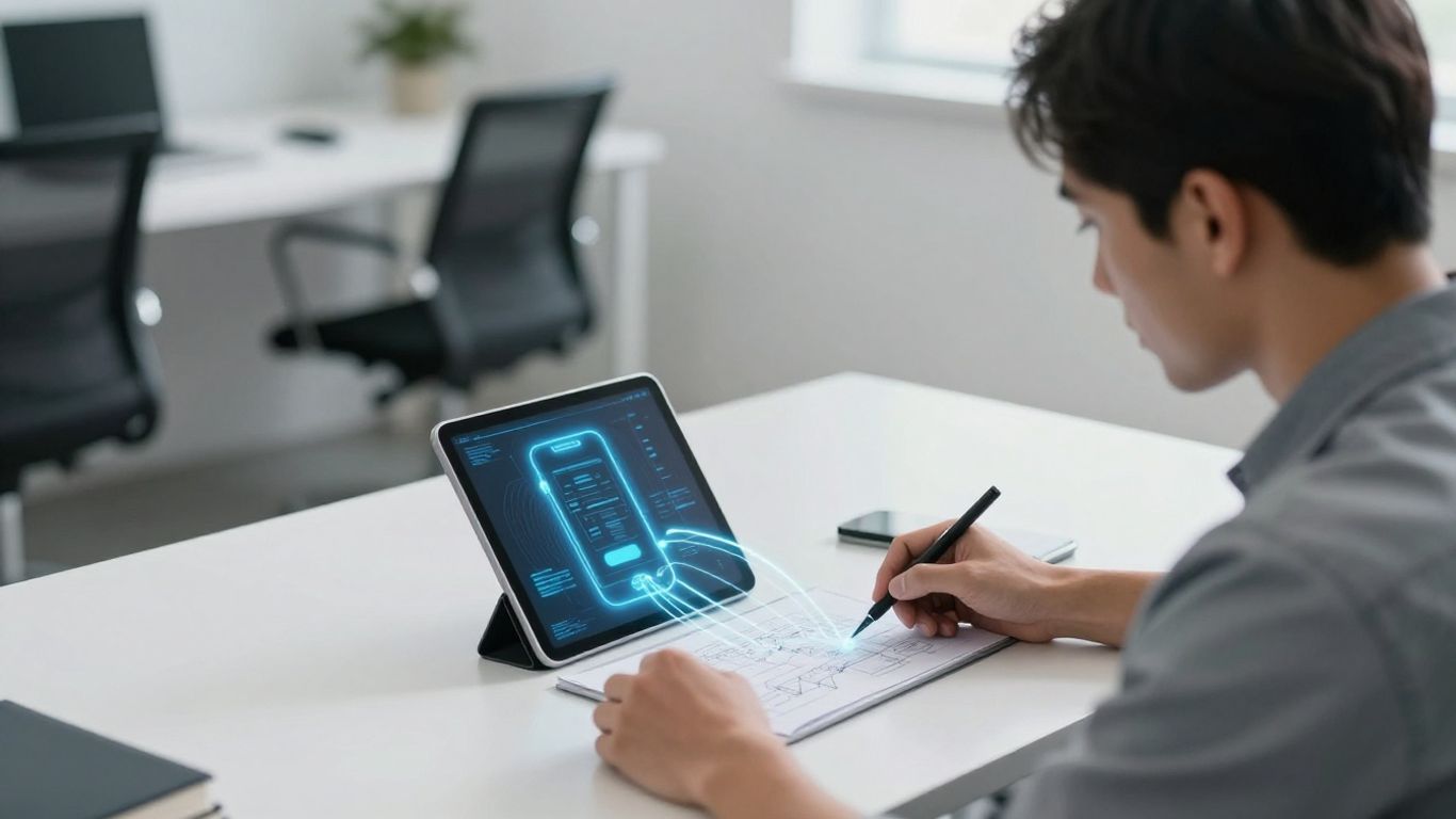 Electrician using tablet with AI phone integration.