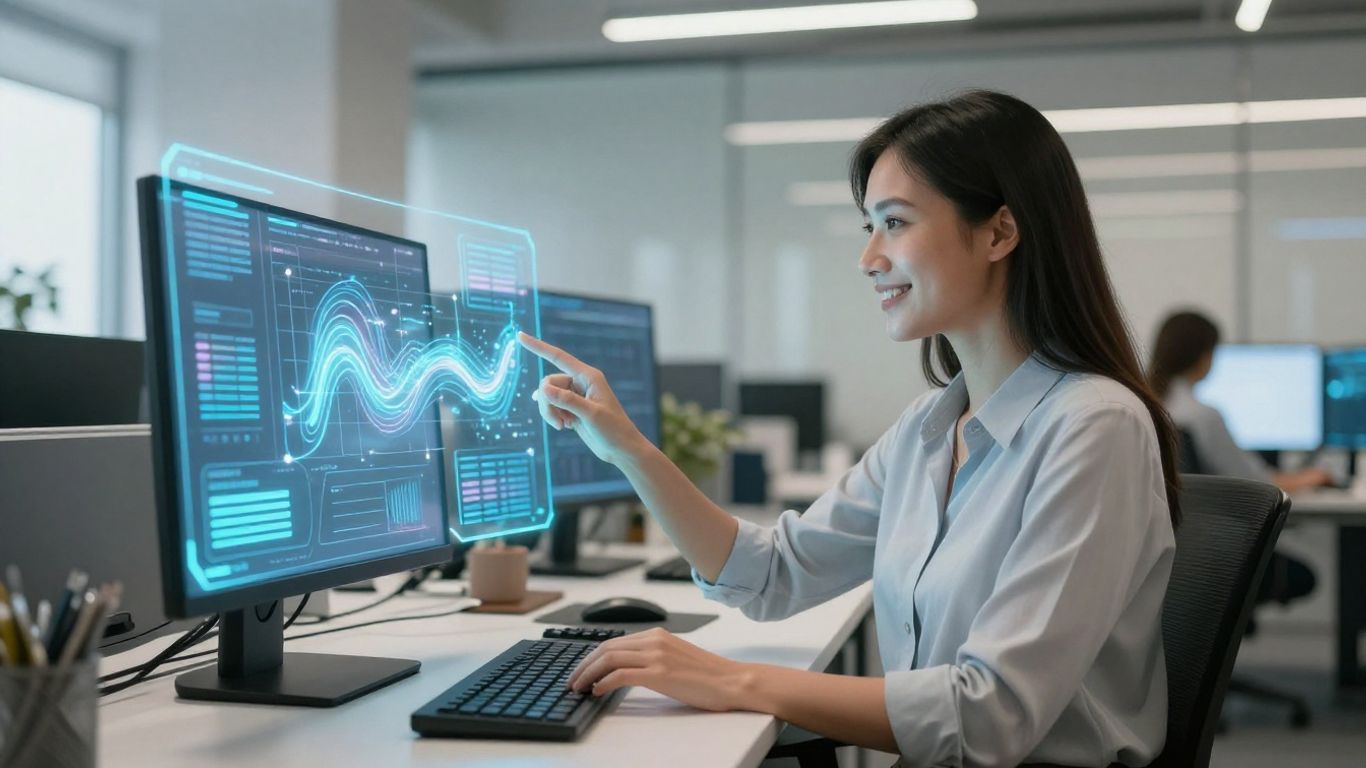 Professional woman using AI receptionist interface in office.