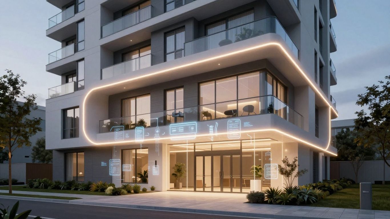AI interface over apartment building entrance