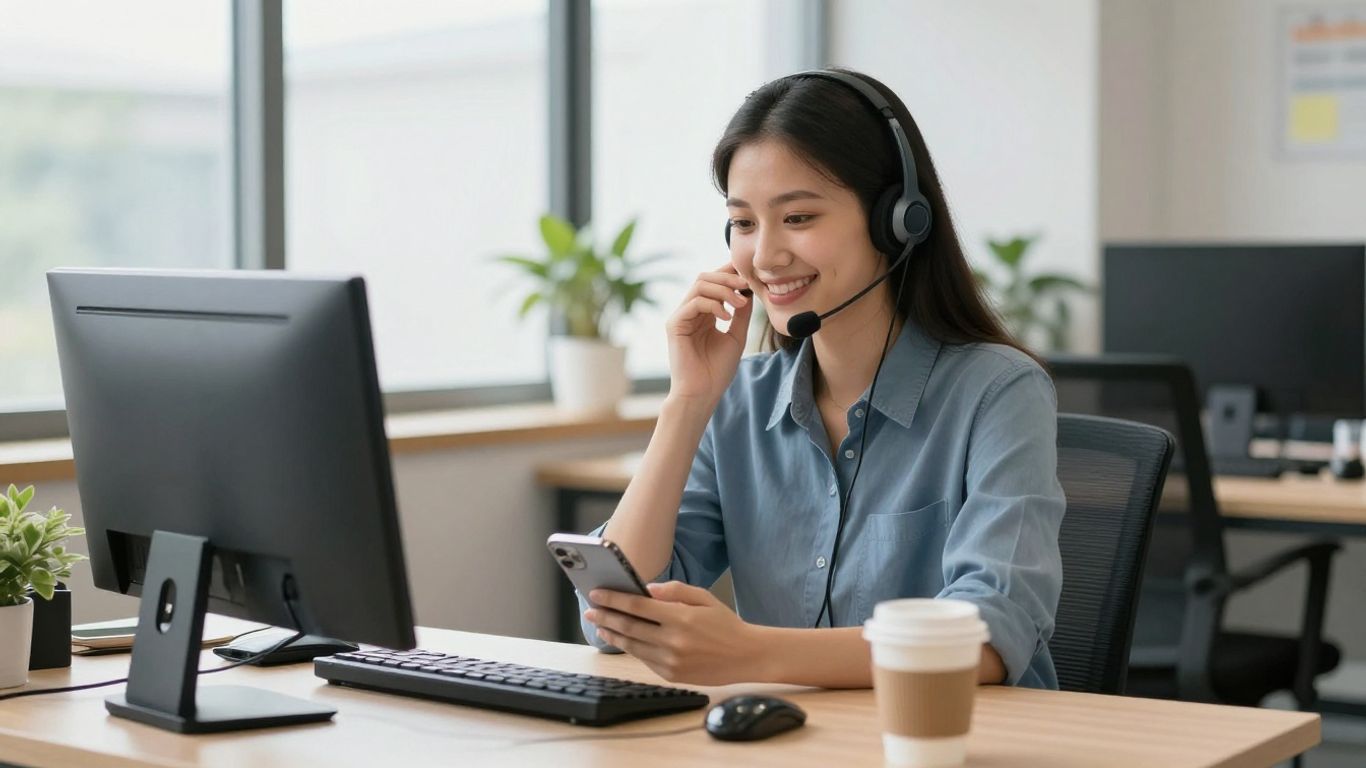 Customer support agent with headset at bright office desk