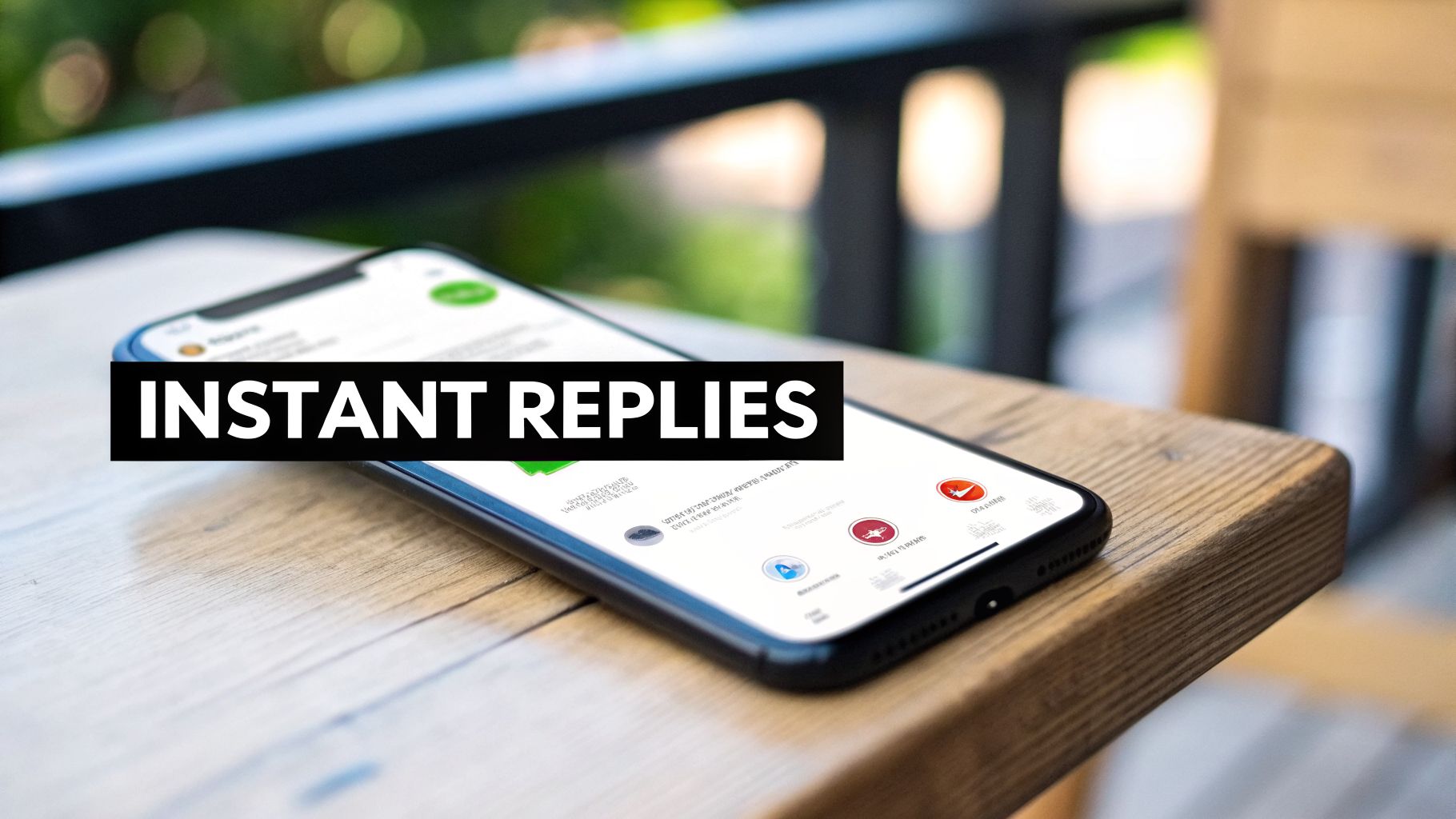 A smartphone on a wooden table displaying an application with 'INSTANT REPLIES' text, highlighting quick communication.