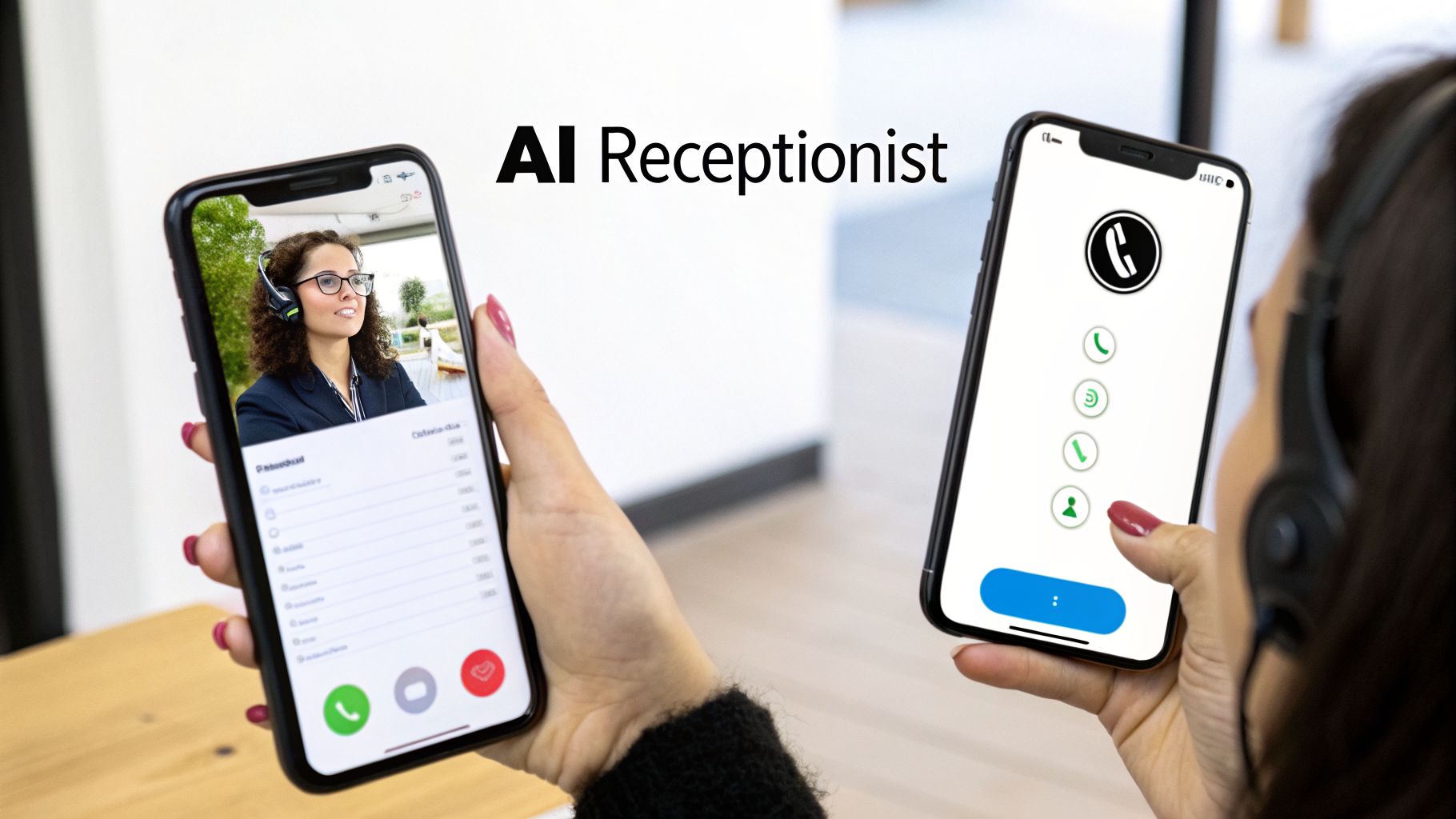 Two hands holding smartphones, one displaying an AI receptionist video call, the other a call interface.