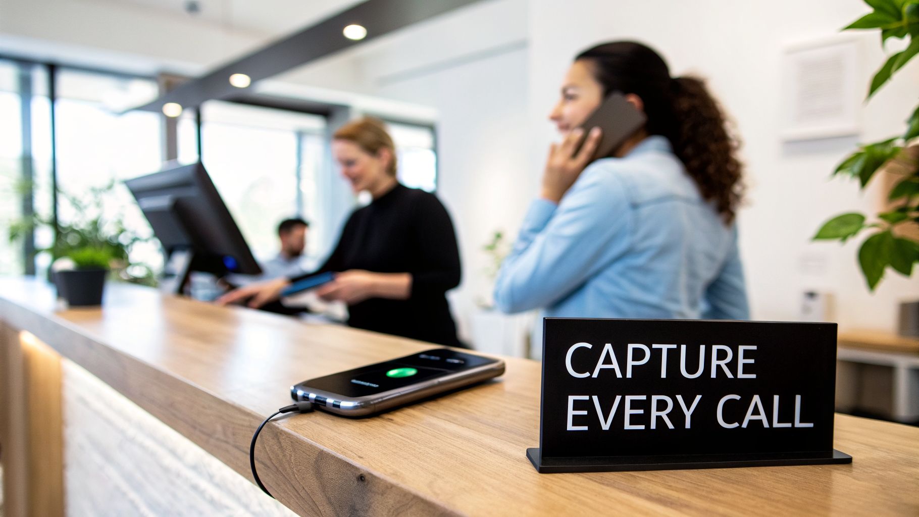 A smartphone with an incoming call on a wooden reception desk next to a "Capture Every Call" sign.