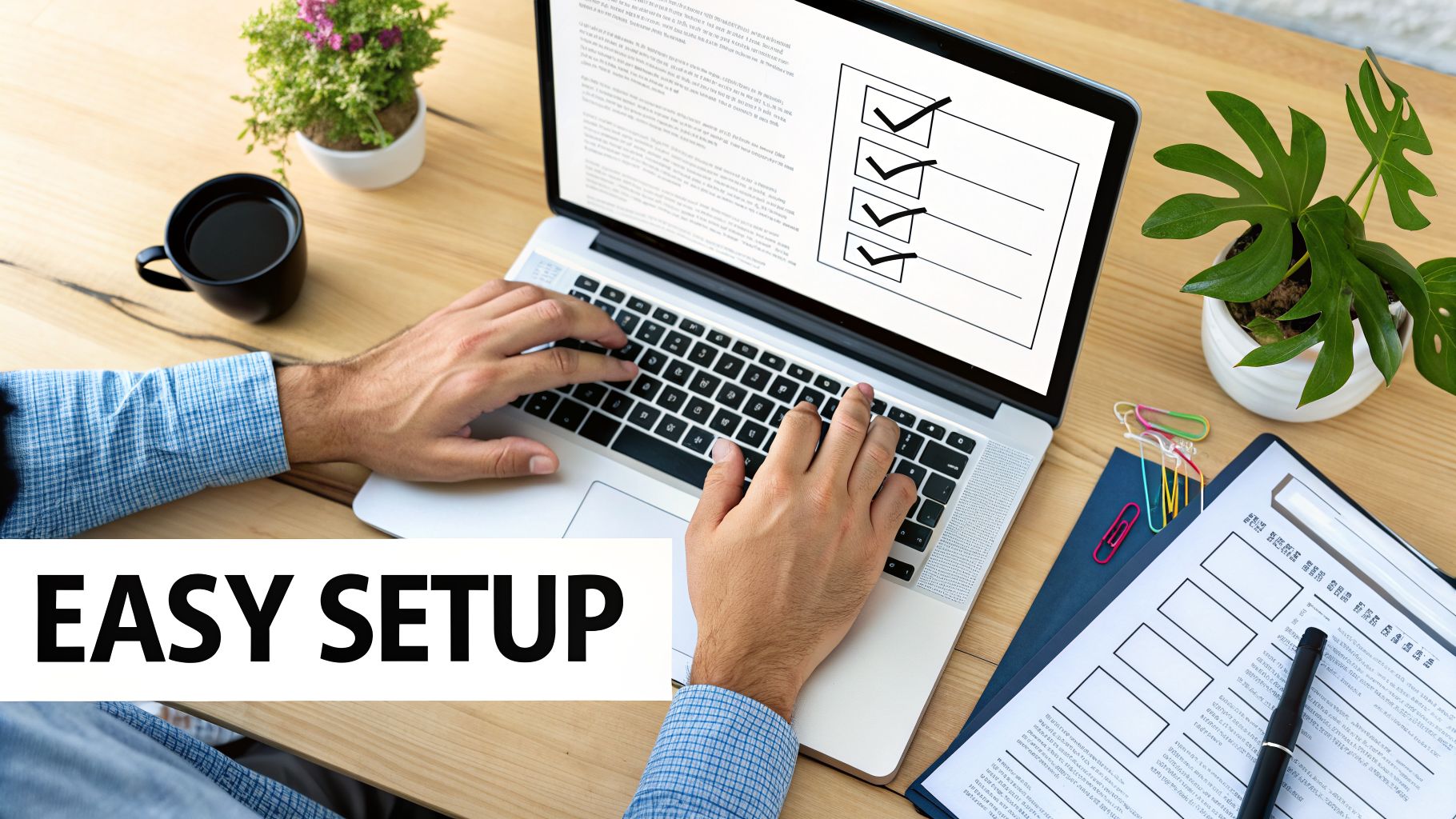 Person typing on a laptop displaying a checked checklist, with "EASY SETUP" text on a wooden desk.