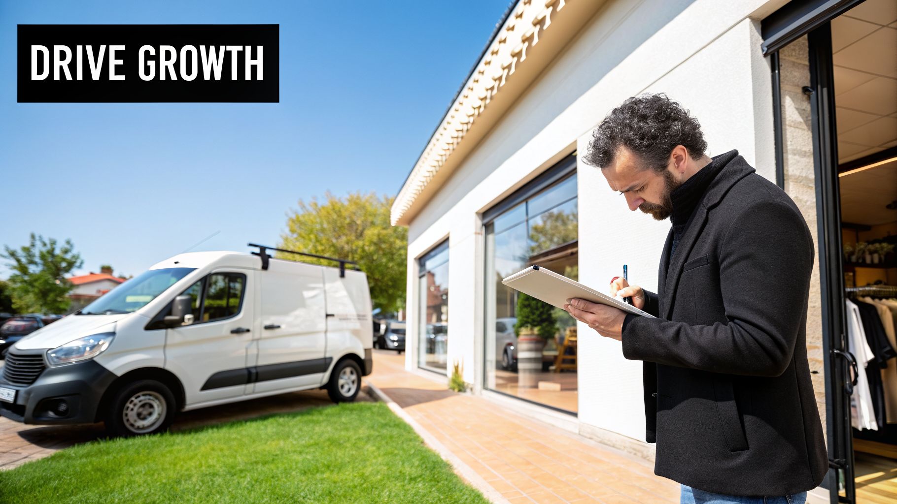A man writes on a tablet outside a store with a white delivery van parked on the grass. Text reads 'DRIVE GROWTH'.