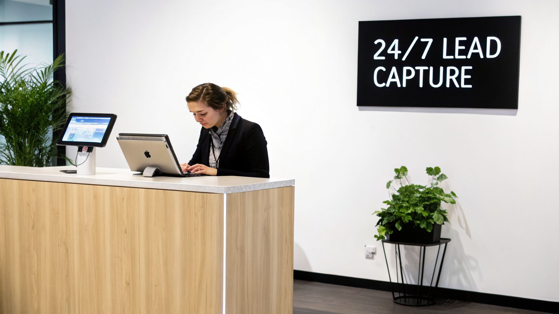 A woman working on a laptop at a modern reception desk with a '24/7 LEAD CAPTURE' sign.
