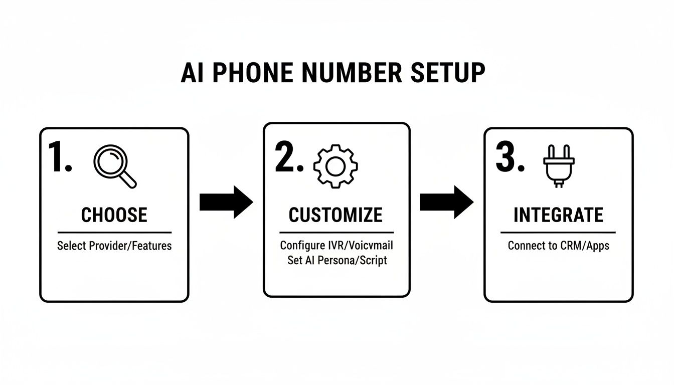 A three-step infographic for AI phone number setup: choose, customize IVR/persona, and integrate with CRM/apps.