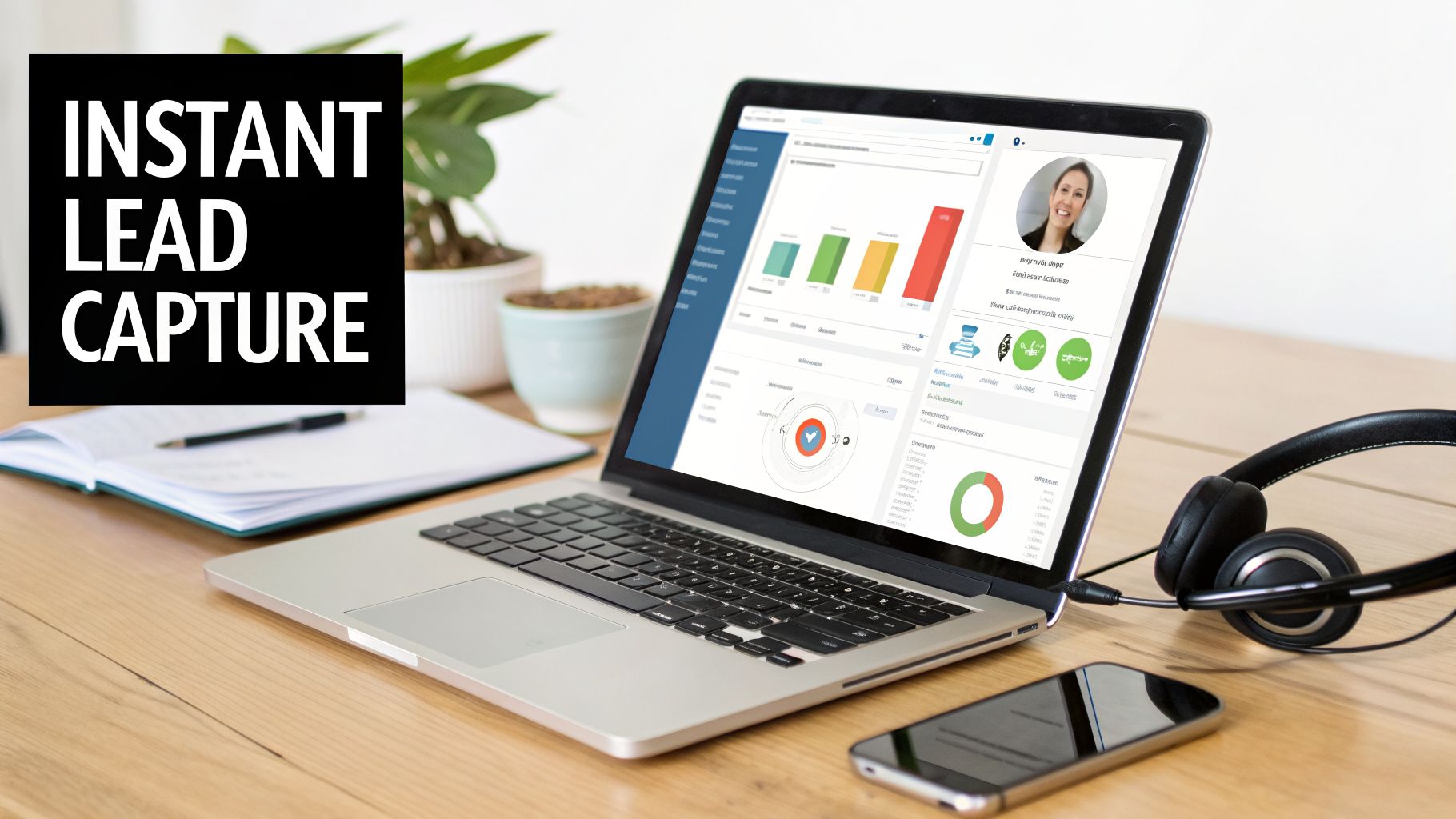 Laptop displaying a lead capture dashboard with graphs and profile, next to headphones, phone, and 'INSTANT LEAD CAPTURE' text.