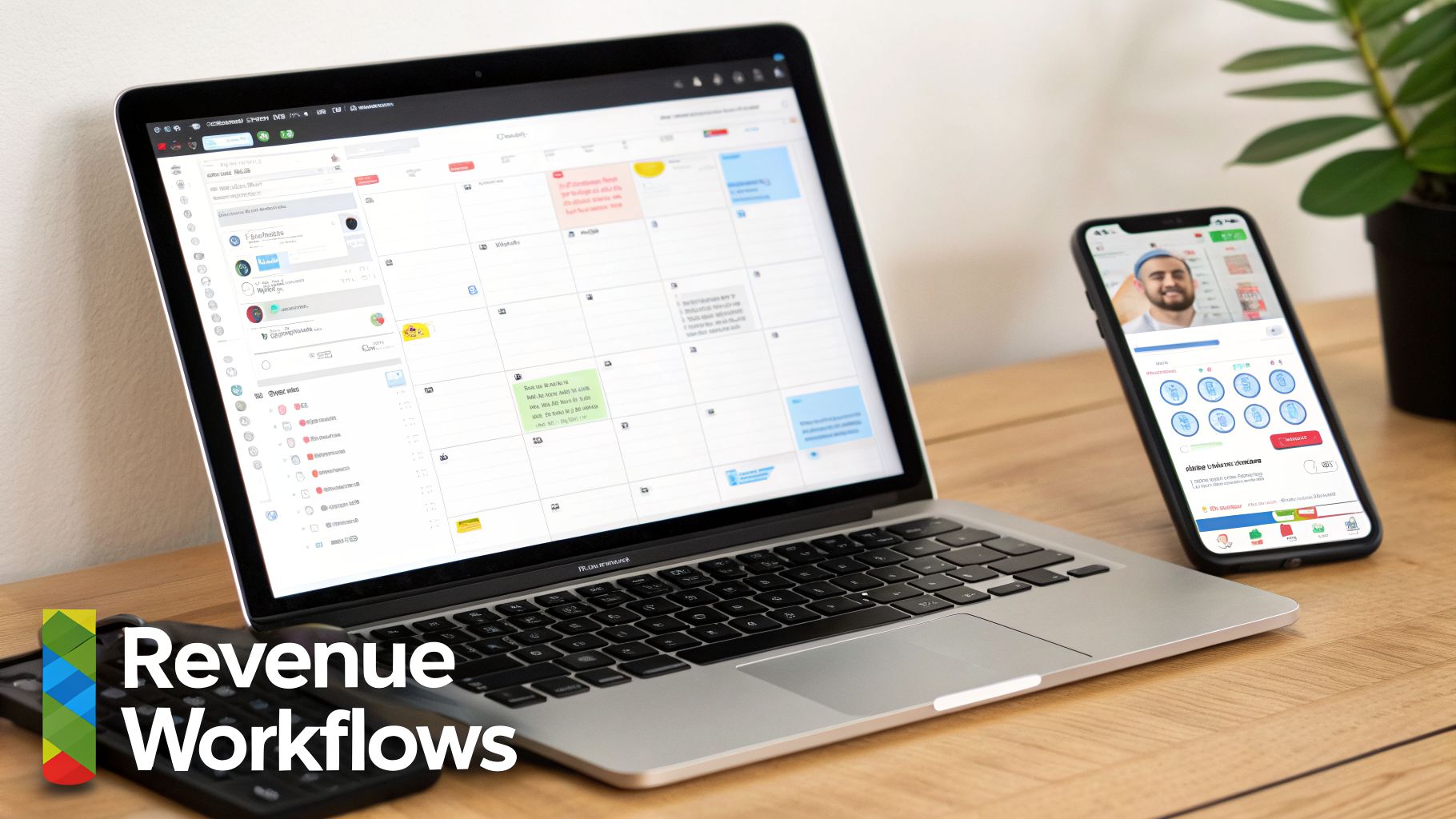 Modern workspace with a laptop showing a calendar, a smartphone, and a calculator on a wooden desk.