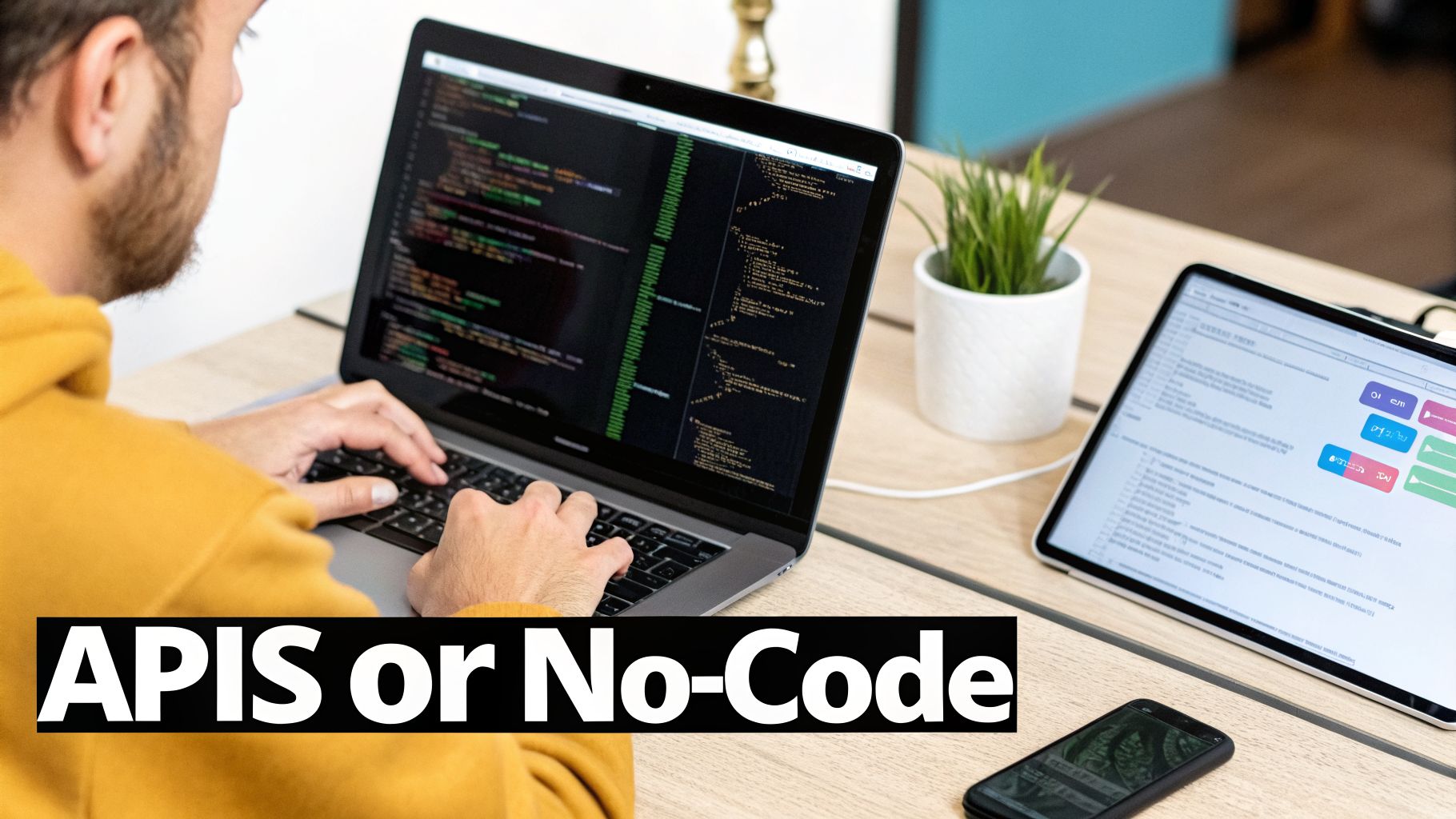 A developer coding on a laptop, with a tablet displaying a no-code interface and a smartphone nearby.