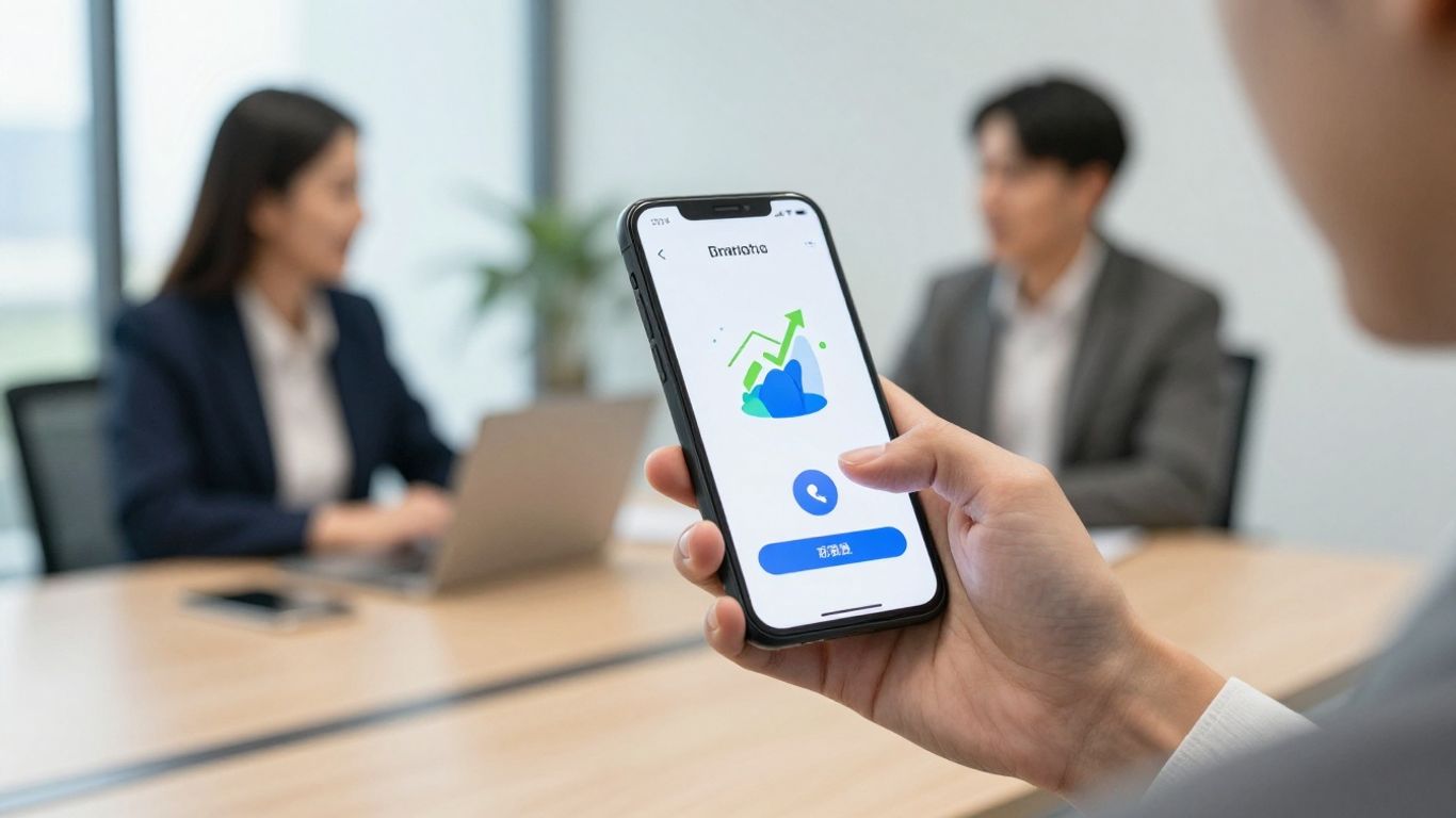 Business person using a smartphone, calls, revenue growth.