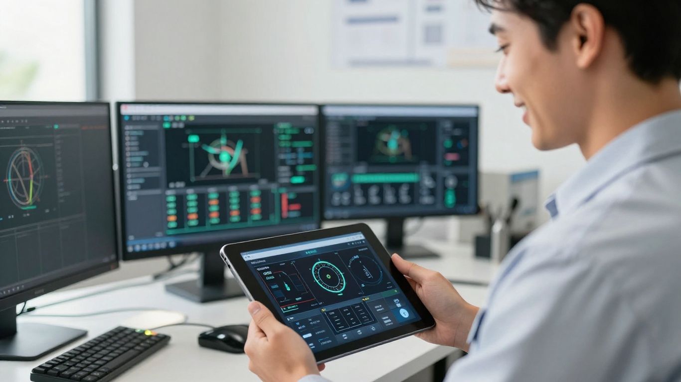 HVAC technician with connected operations dashboard on tablet.