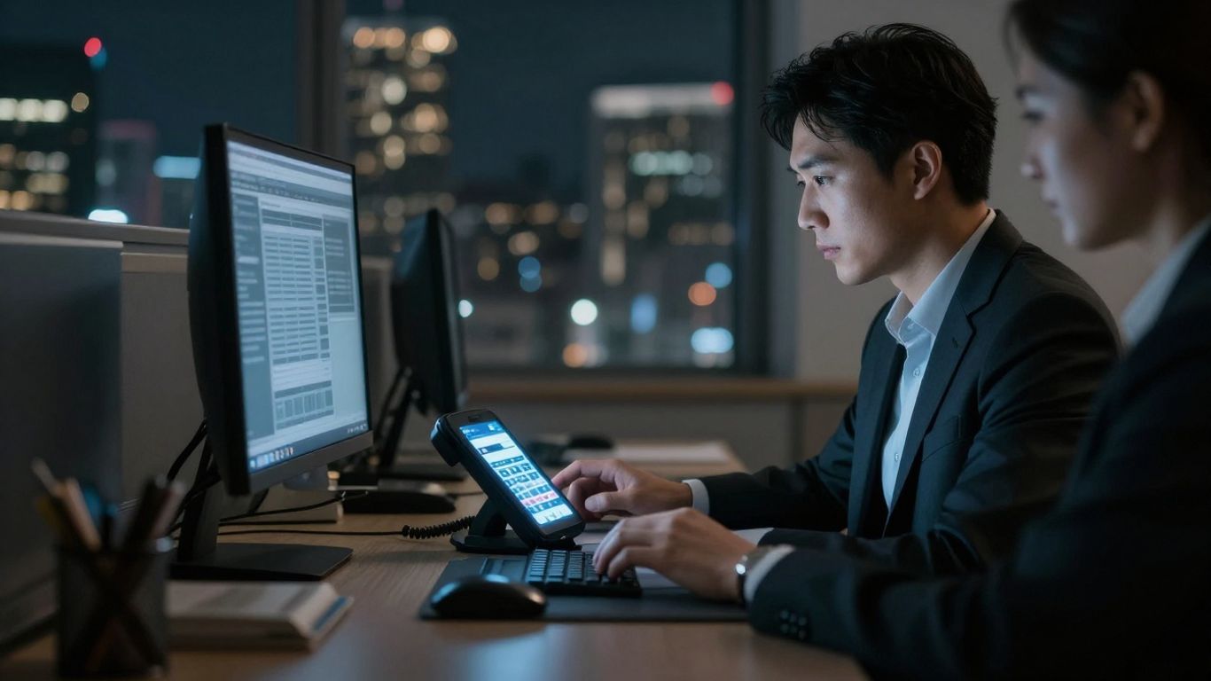 Professional office with glowing phone receiver at night.