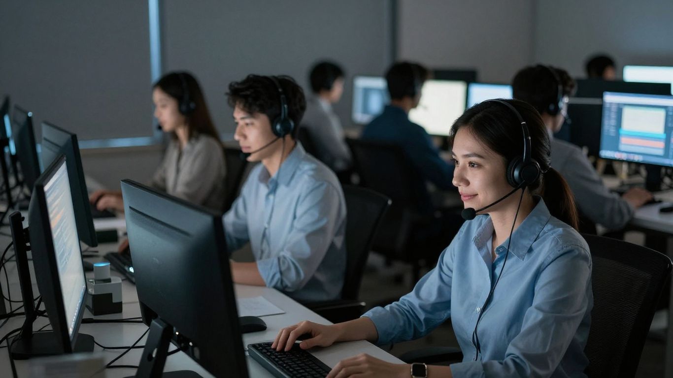 Call center agents working at night with glowing monitors