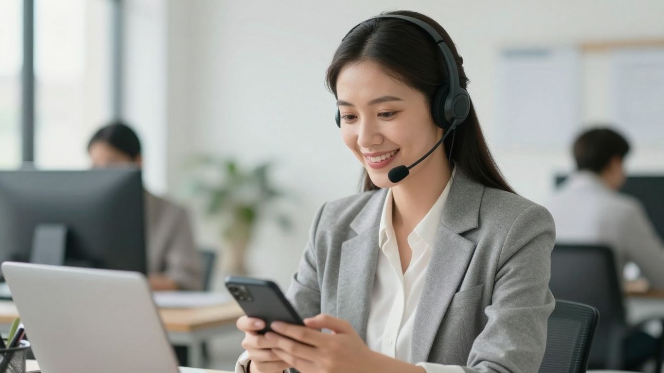 Businesswoman with headset answering phone
